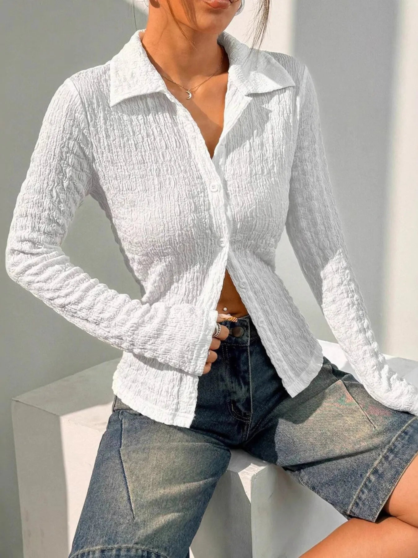 Textured Button-Up Shirt  Shop One Place