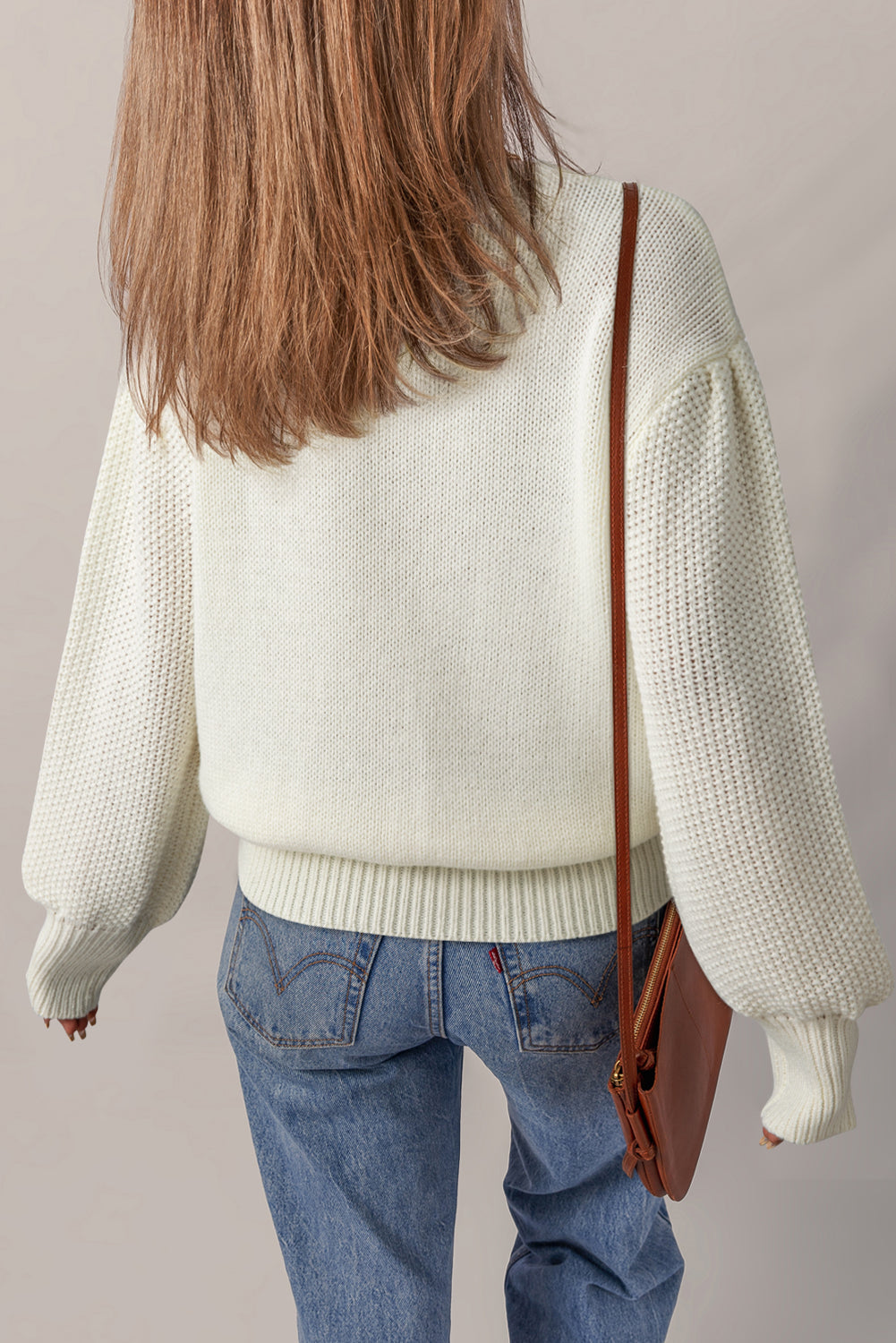 White Flower Detail Round Neck Contrast Textured Puff Sleeve Sweater  Shop One Place