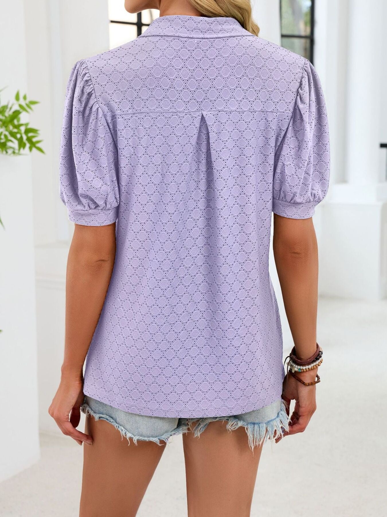 Eyelet Johnny Collar Puff Sleeve Top  Shop One Place