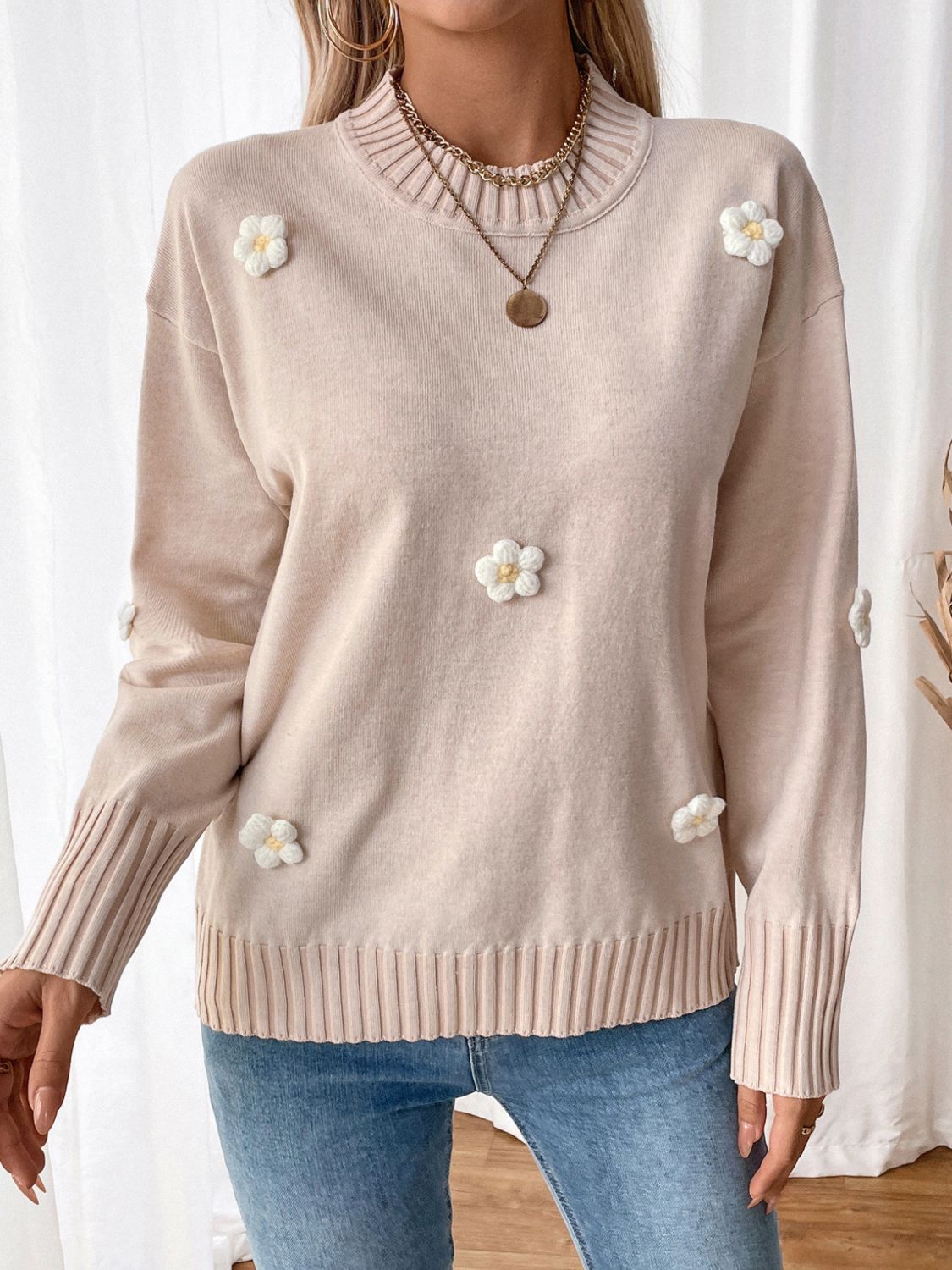 Perfee Flower Round Neck Long Sleeve Sweater  Shop One Place