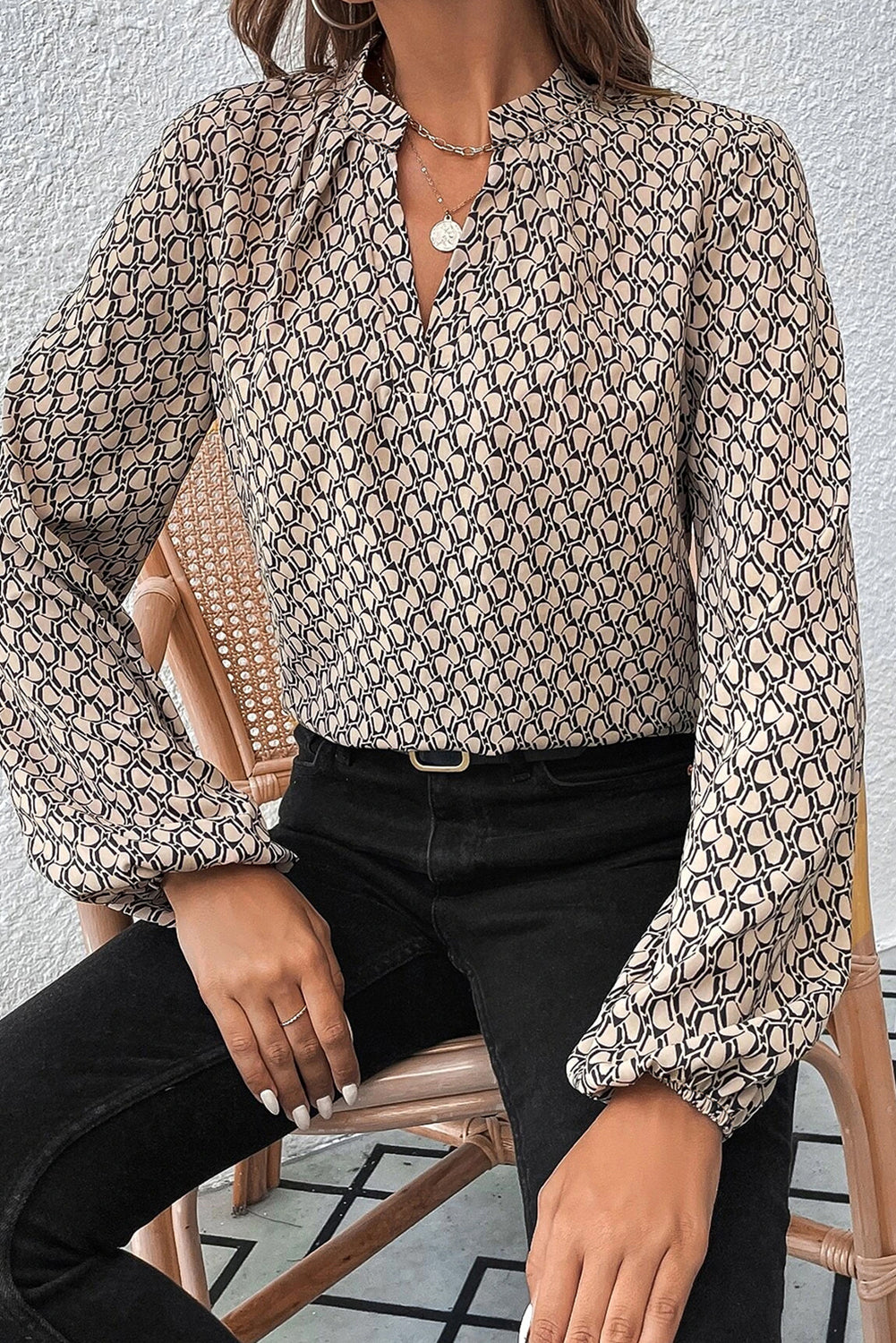 Khaki Geometric Print Notched Neck Long Sleeve Blouse