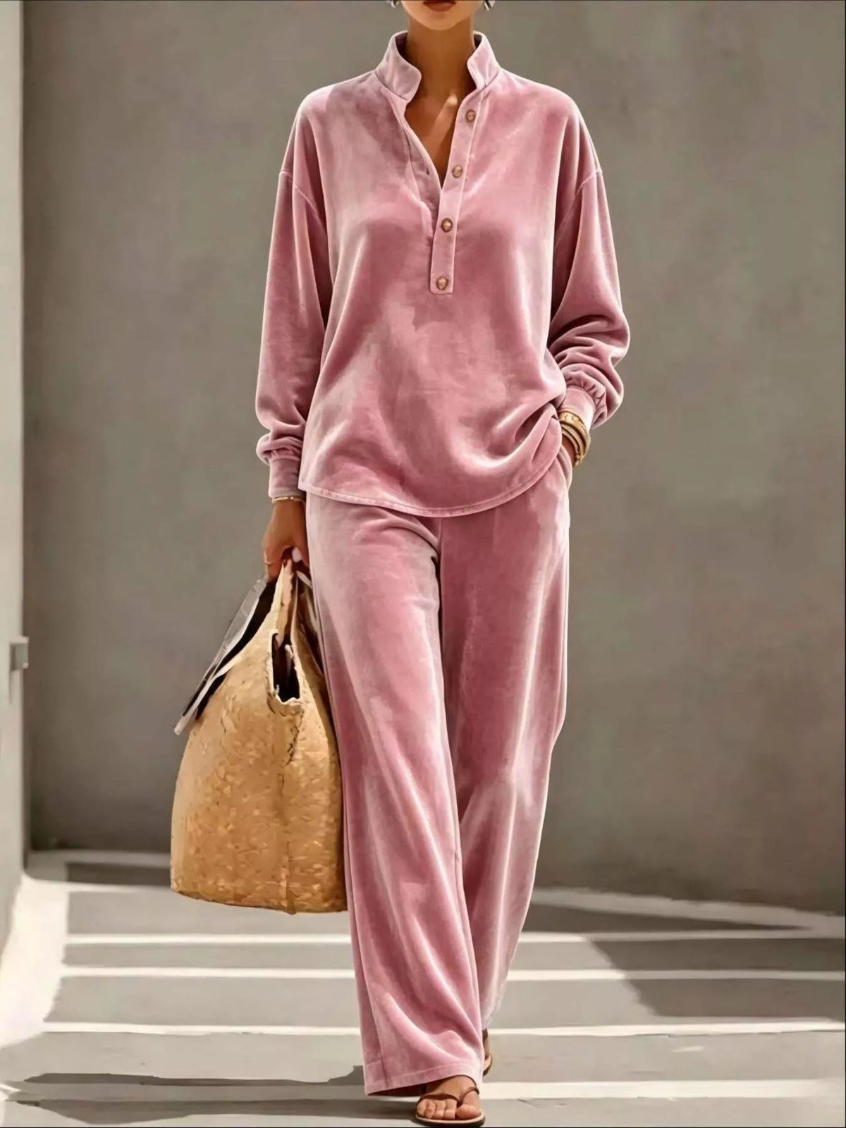 Women's Half-Button Top & Wide-Leg Pants Set – view 3
