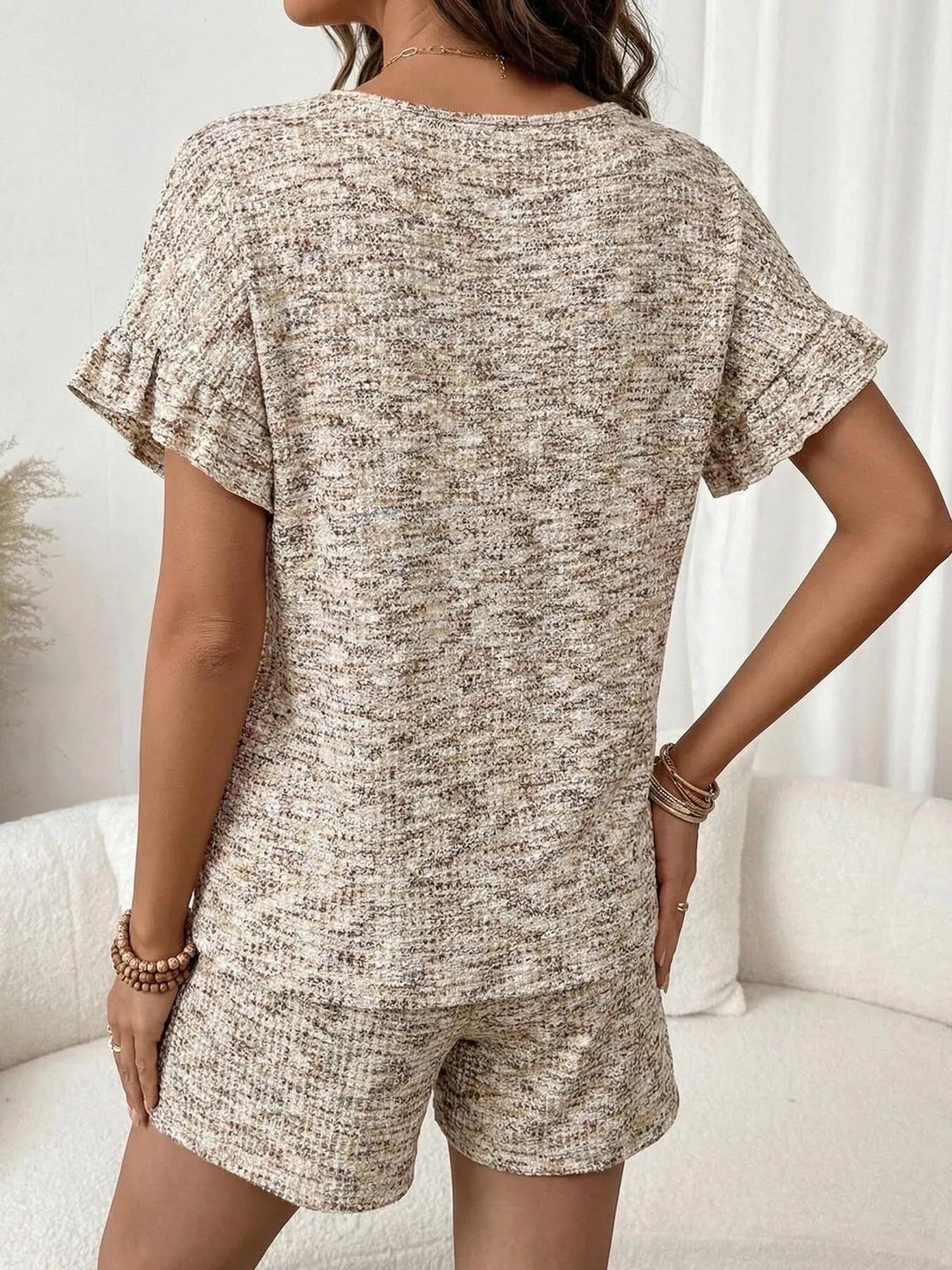Ruffle Sleeve Textured Top and Shorts Set  Shop One Place