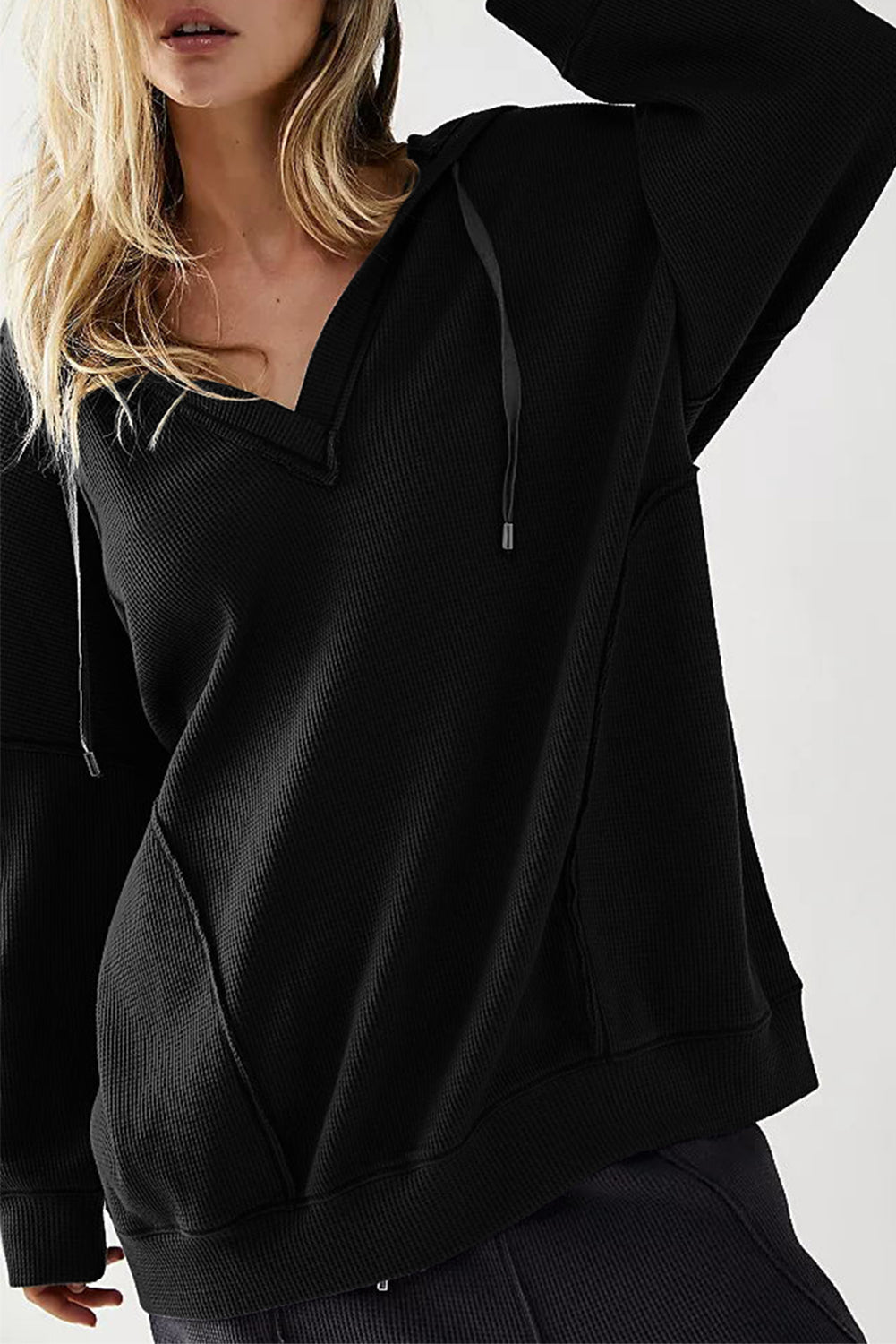 Black Oversize Waffle Drop Shoulder Exposed Seam V Neck Hoodie  Shop One Place