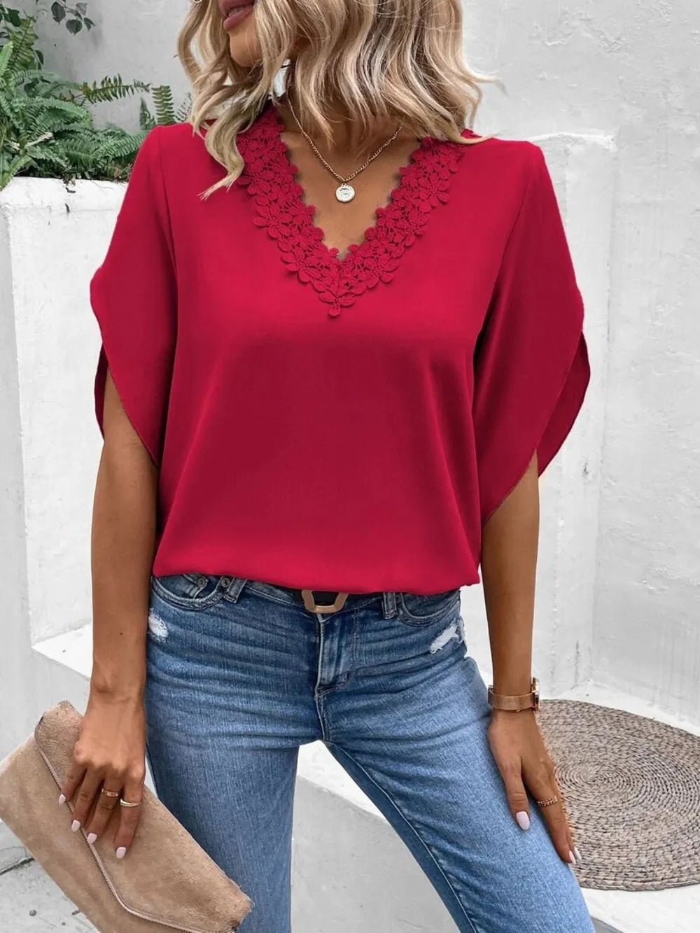 Lace Detail V-Neck Half Sleeve Blouse  Shop One Place