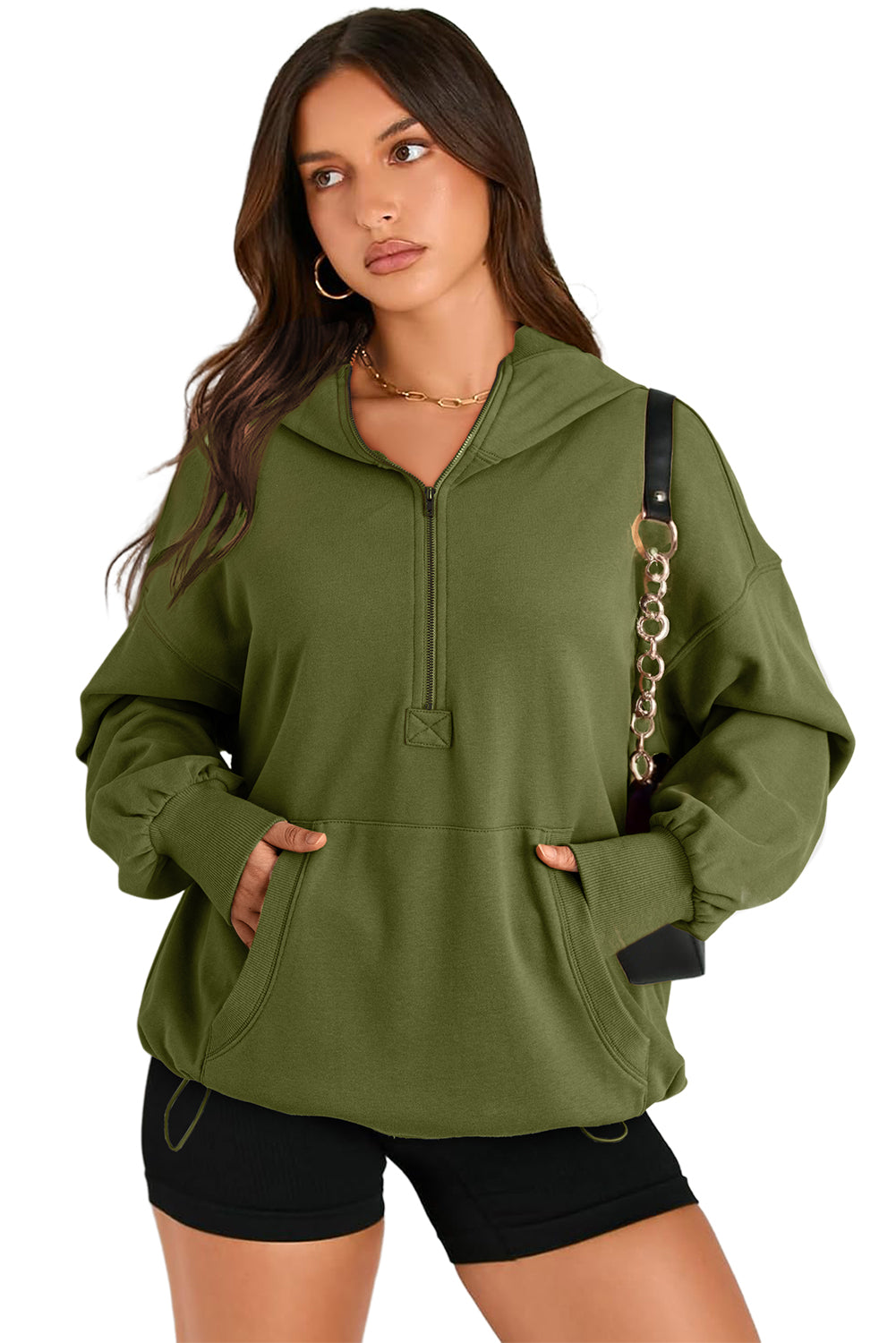 Moss Green Kangaroo Pocket Half Zipper Oversized Hoodie