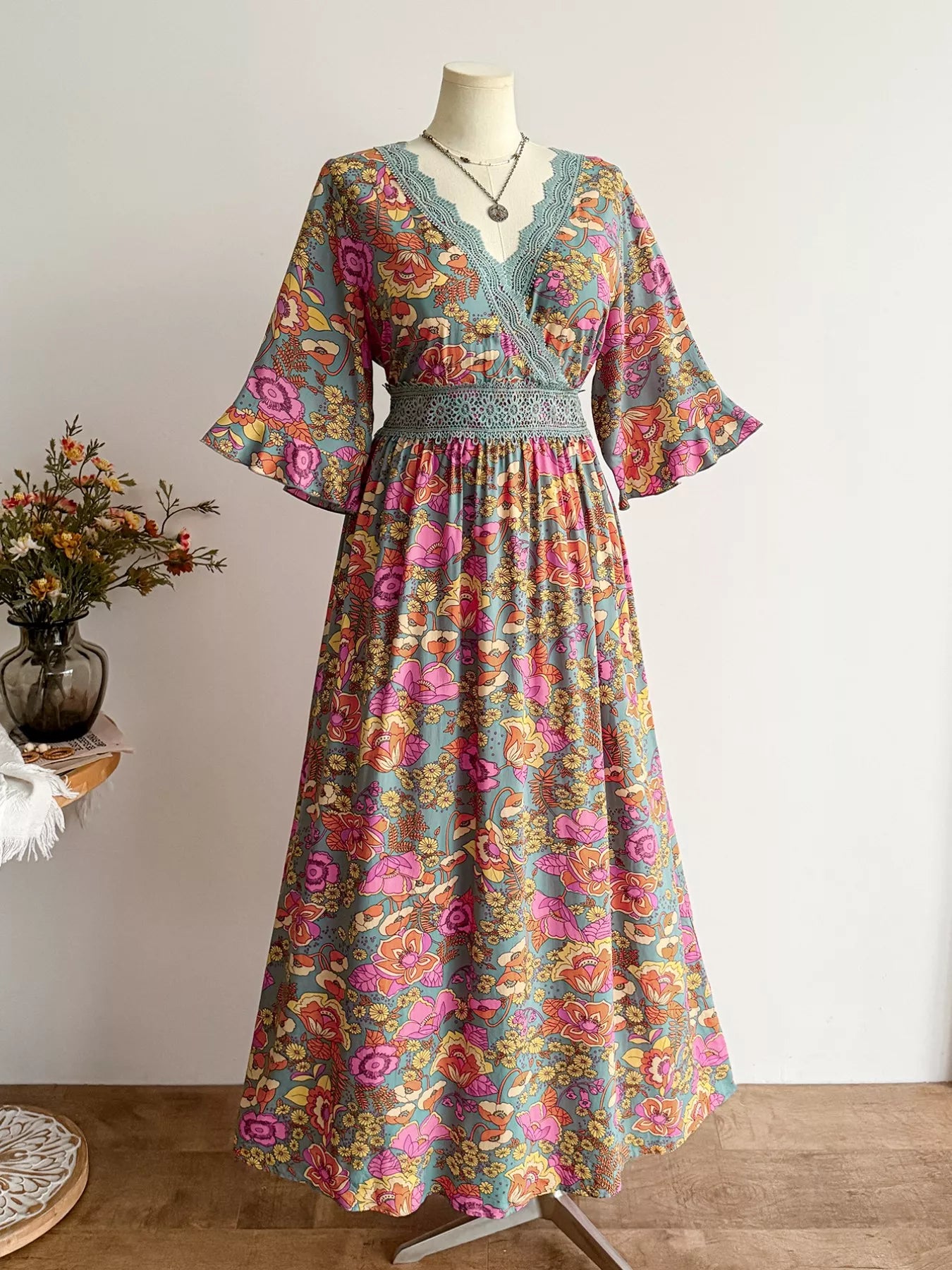 Plus Size Lace Detail Floral Surplice Dress  Shop One Place