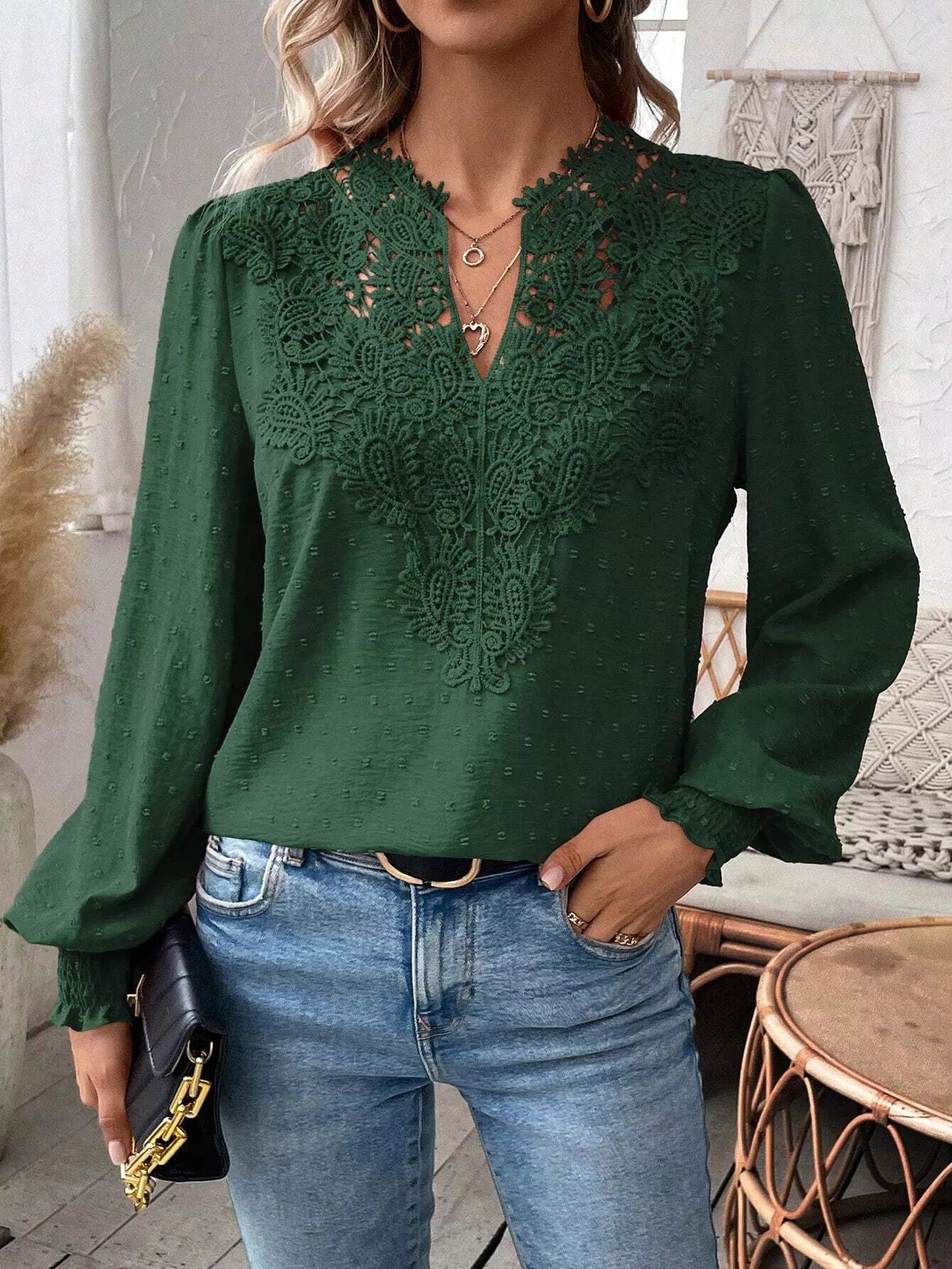 Swiss Dot Lace Detail Long Sleeve Blouse  Shop One Place