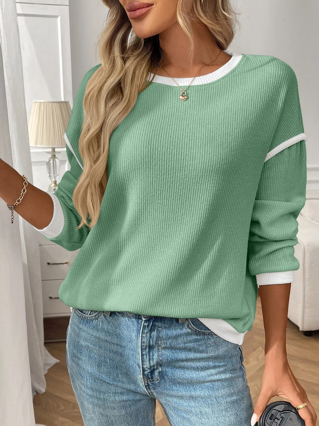 Ribbed Contrast Trim Long Sleeve Top  Shop One Place