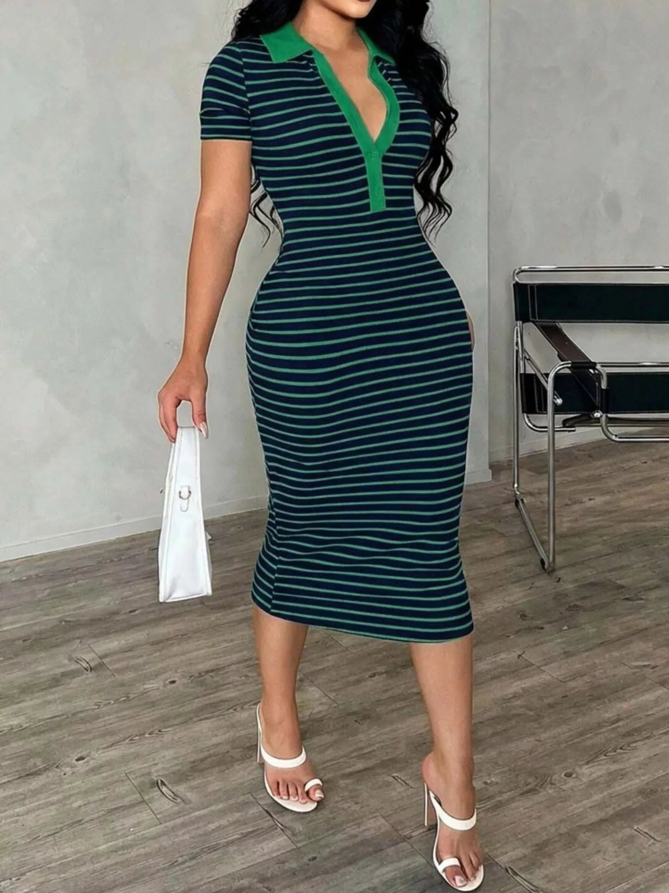 Striped Polo Collar Midi Dress  Shop One Place
