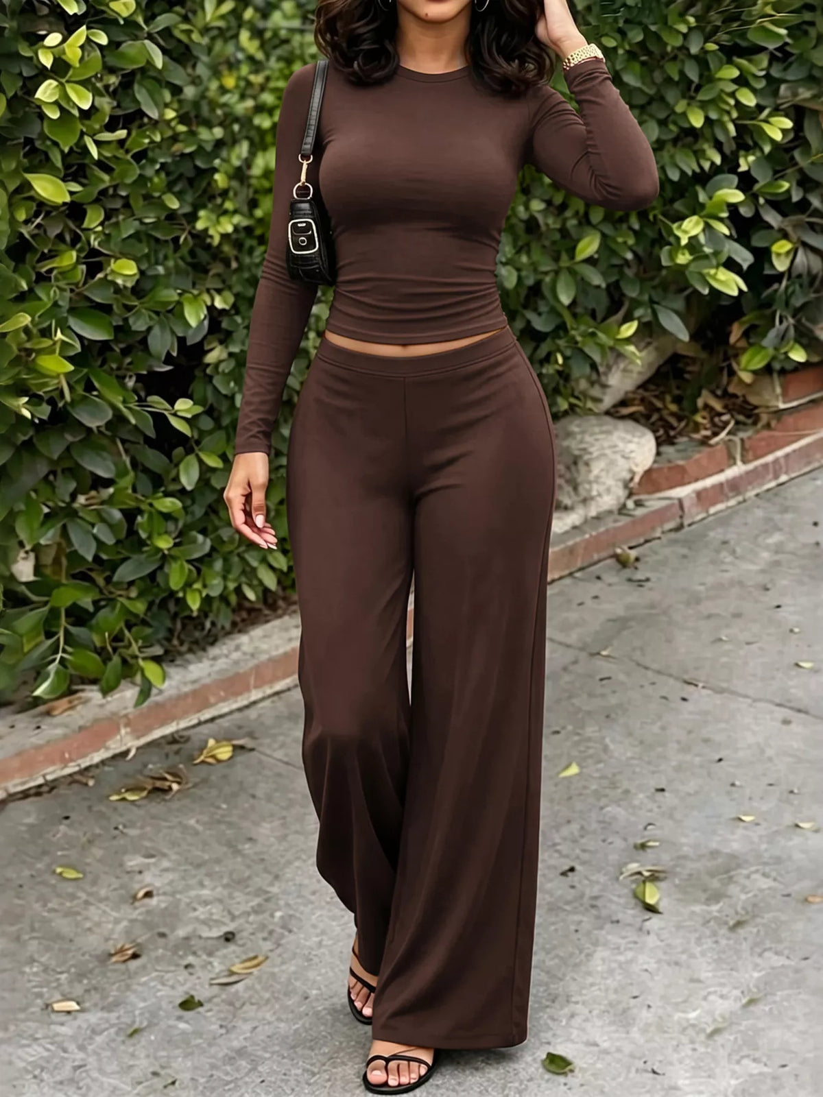 Women's Long Sleeve Crop Top & Wide-Leg Pants Set – view 4