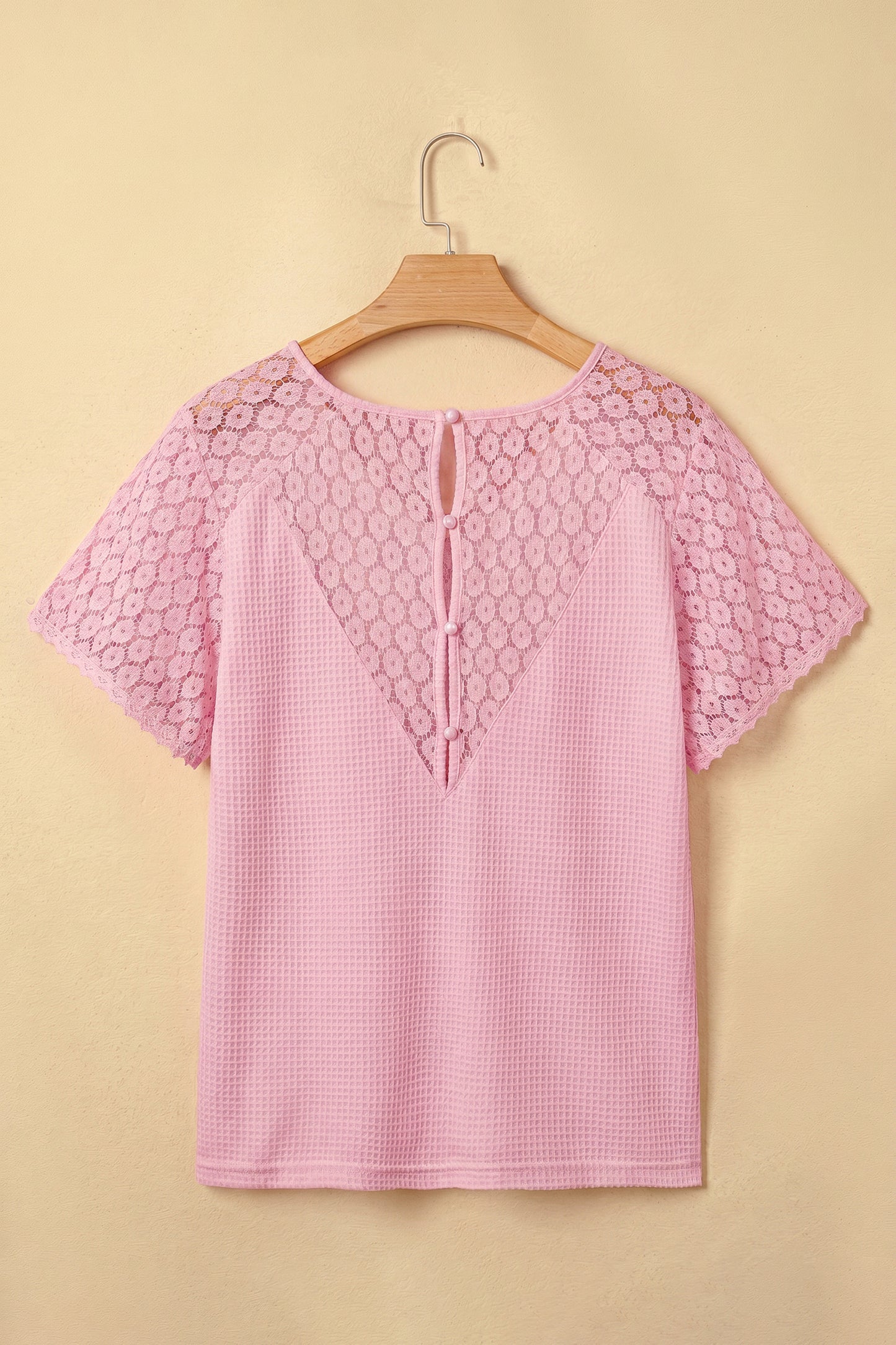 Pink Lace Splicing Button Cutout V Neck Waffle Knit Blouse  Shop One Place