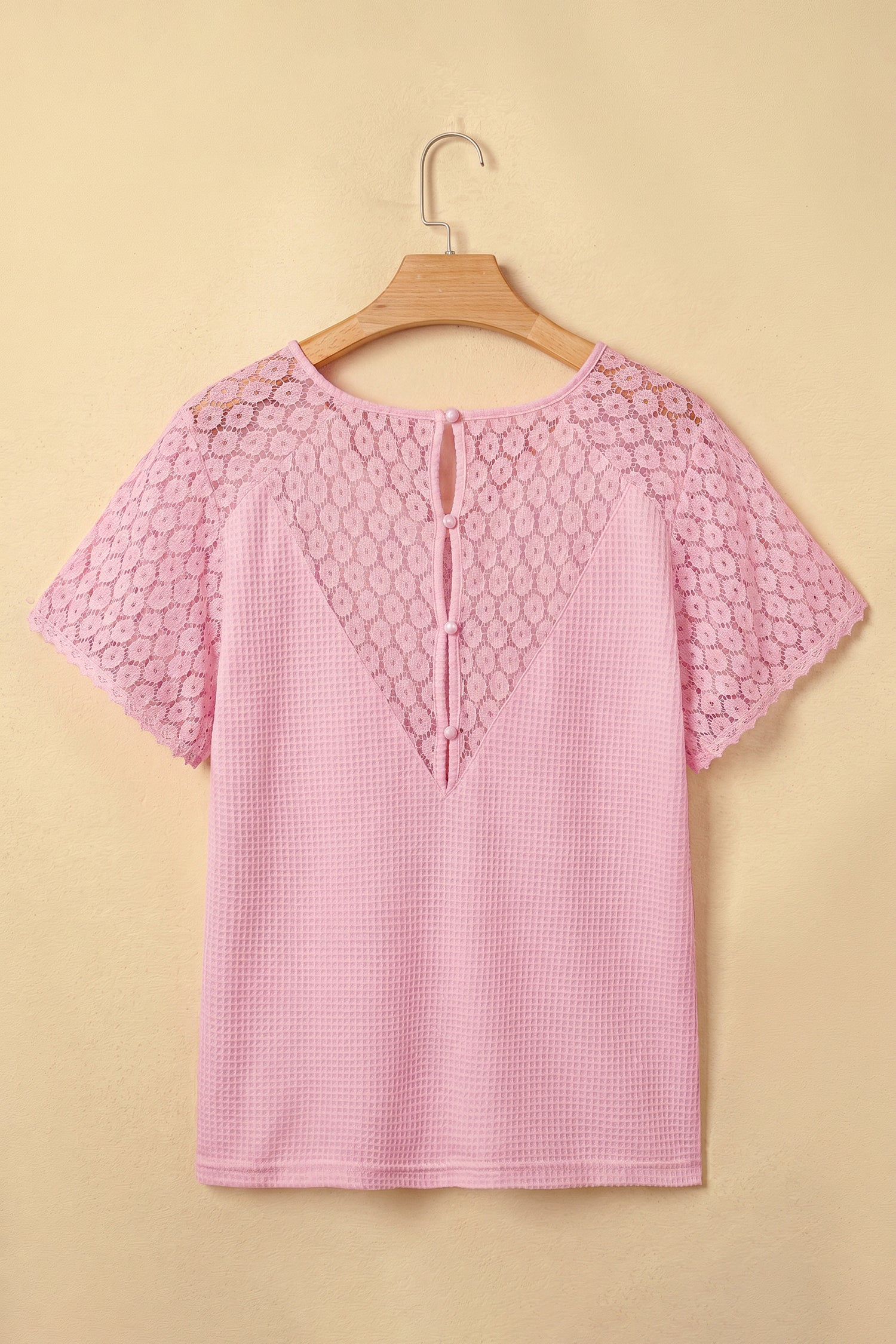 Pink Lace Splicing Button Cutout V Neck Waffle Knit Blouse  Shop One Place