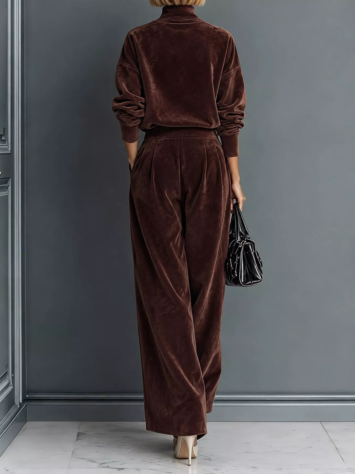 Women's Velvet Mock Neck Top & Wide-Leg Pants Set – view 12