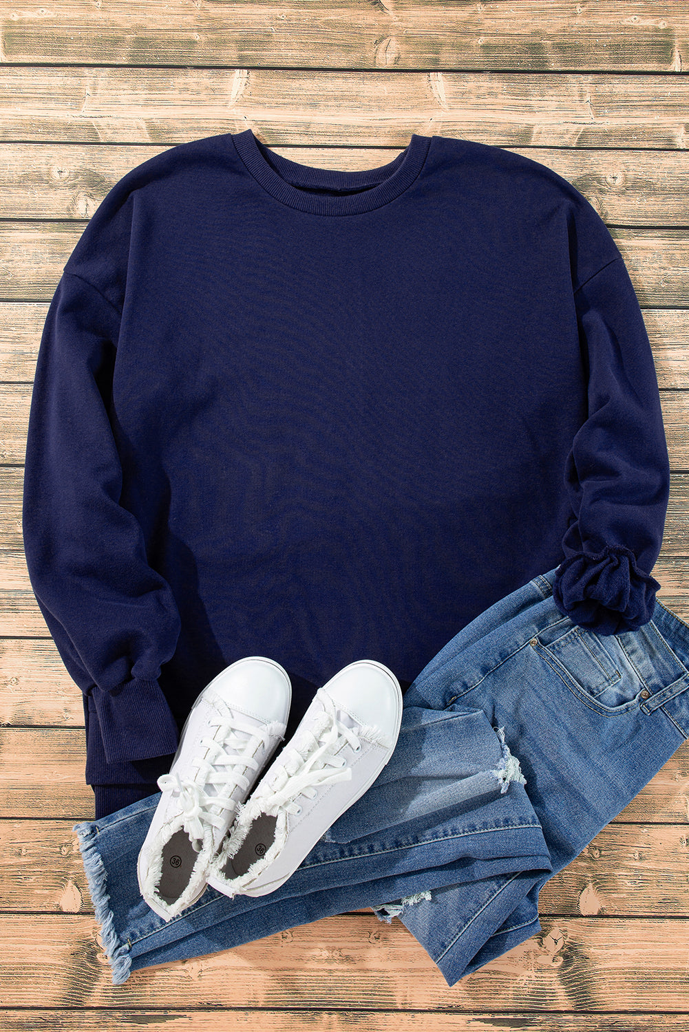 Black Solid Fleece Lined Drop Shoulder High Low Sweatshirt
