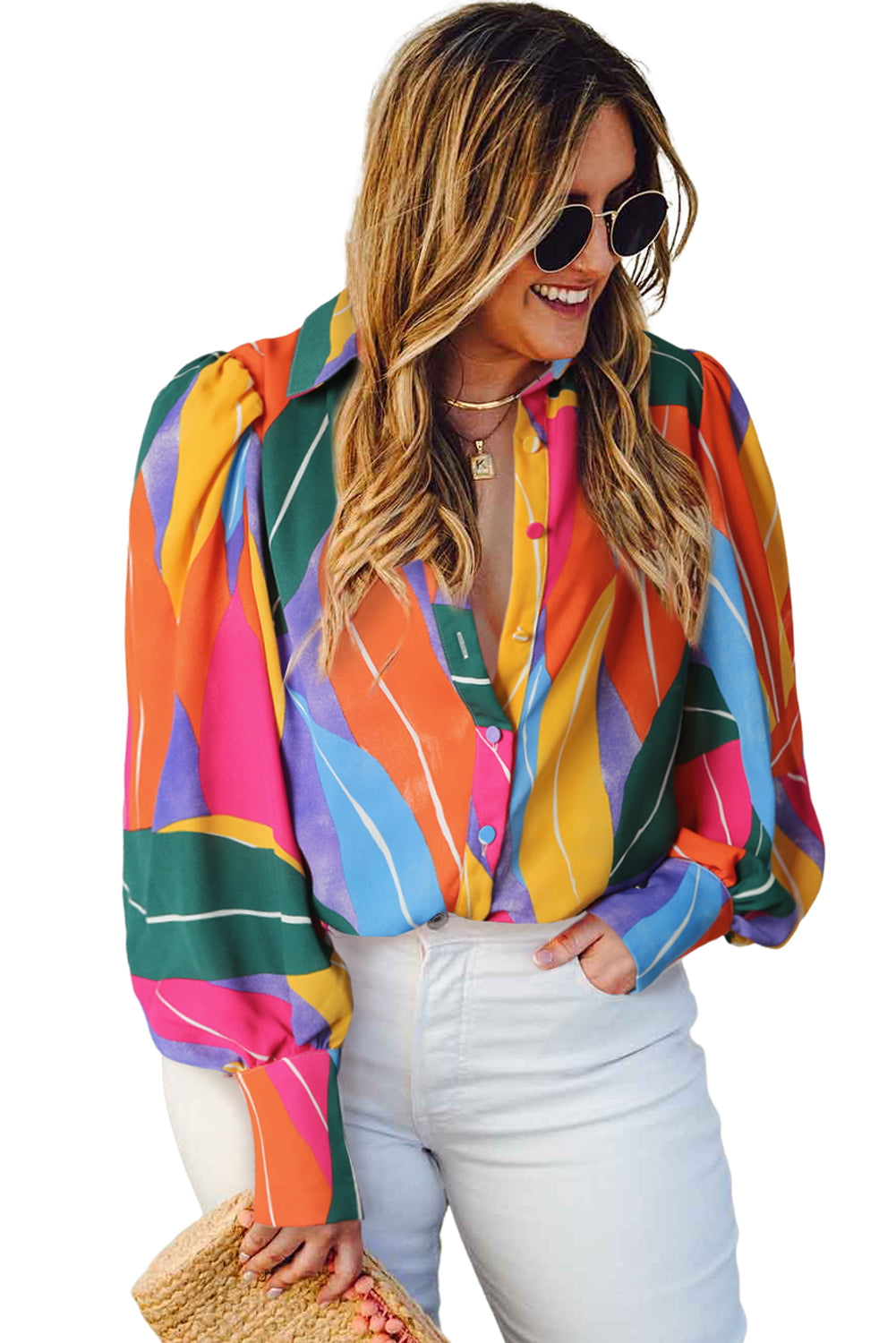 Multicolor Abstract Print Puff Sleeve Plus Size Shirt