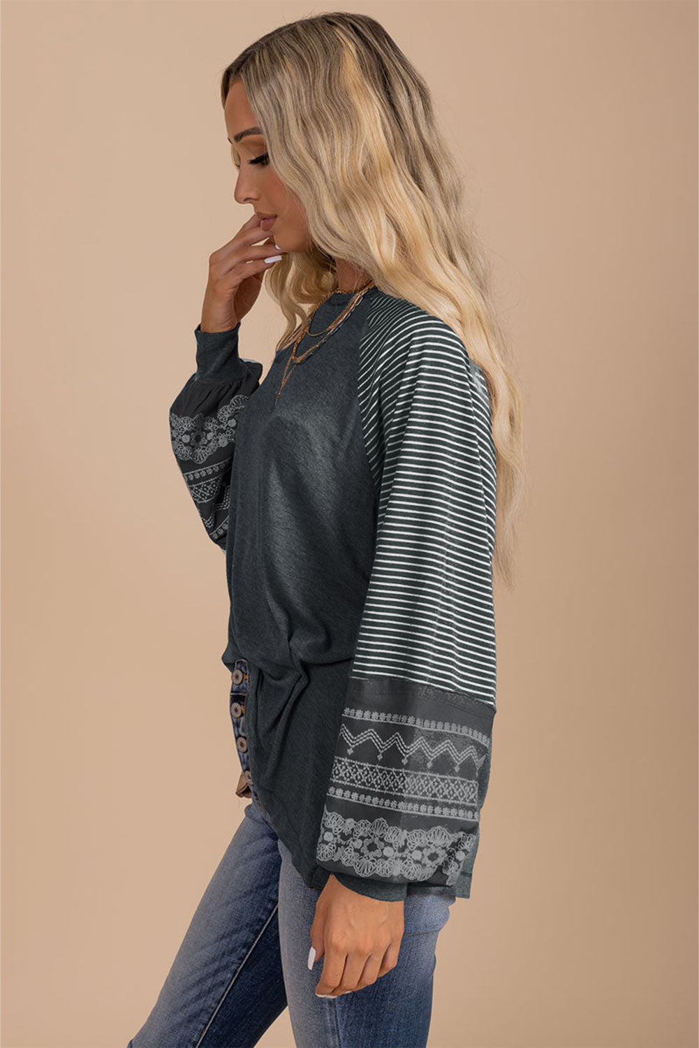 Contrast Print Striped Raglan Long Sleeve Loose Top  Shop One Place