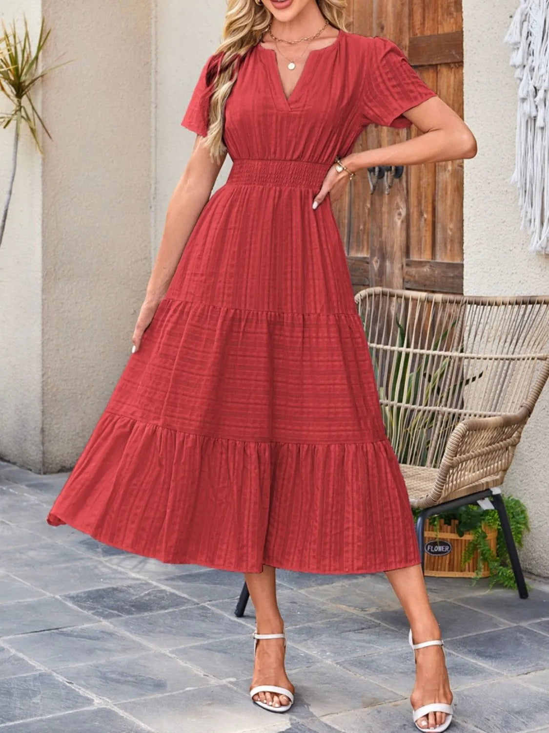 Tiered Notched Short Sleeve Dress  Shop One Place