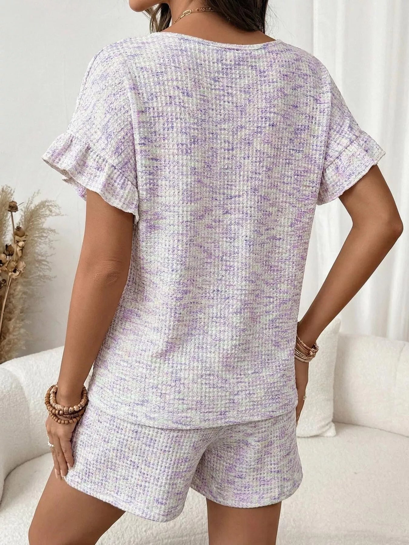 Ruffle Sleeve Textured Top and Shorts Set  Shop One Place