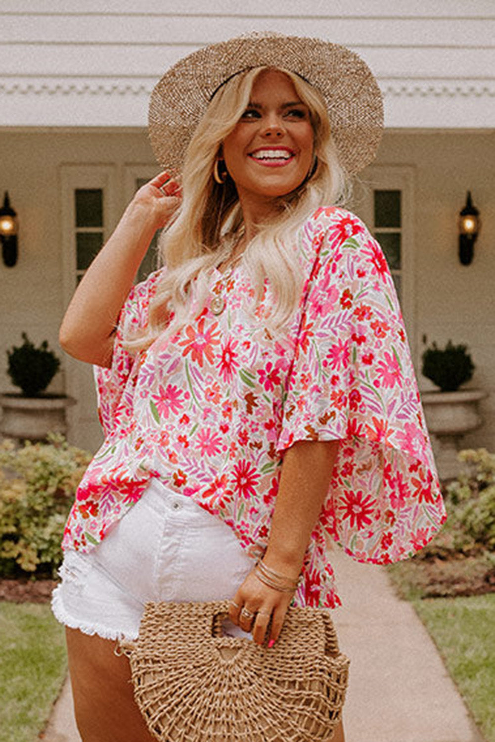 Pink Floral Ruffled Half Sleeve V-Neck Plus Size Blouse