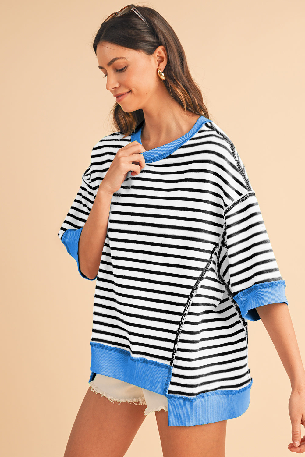 Stripe Colorblock Drop Sleeve Oversized T Shirt