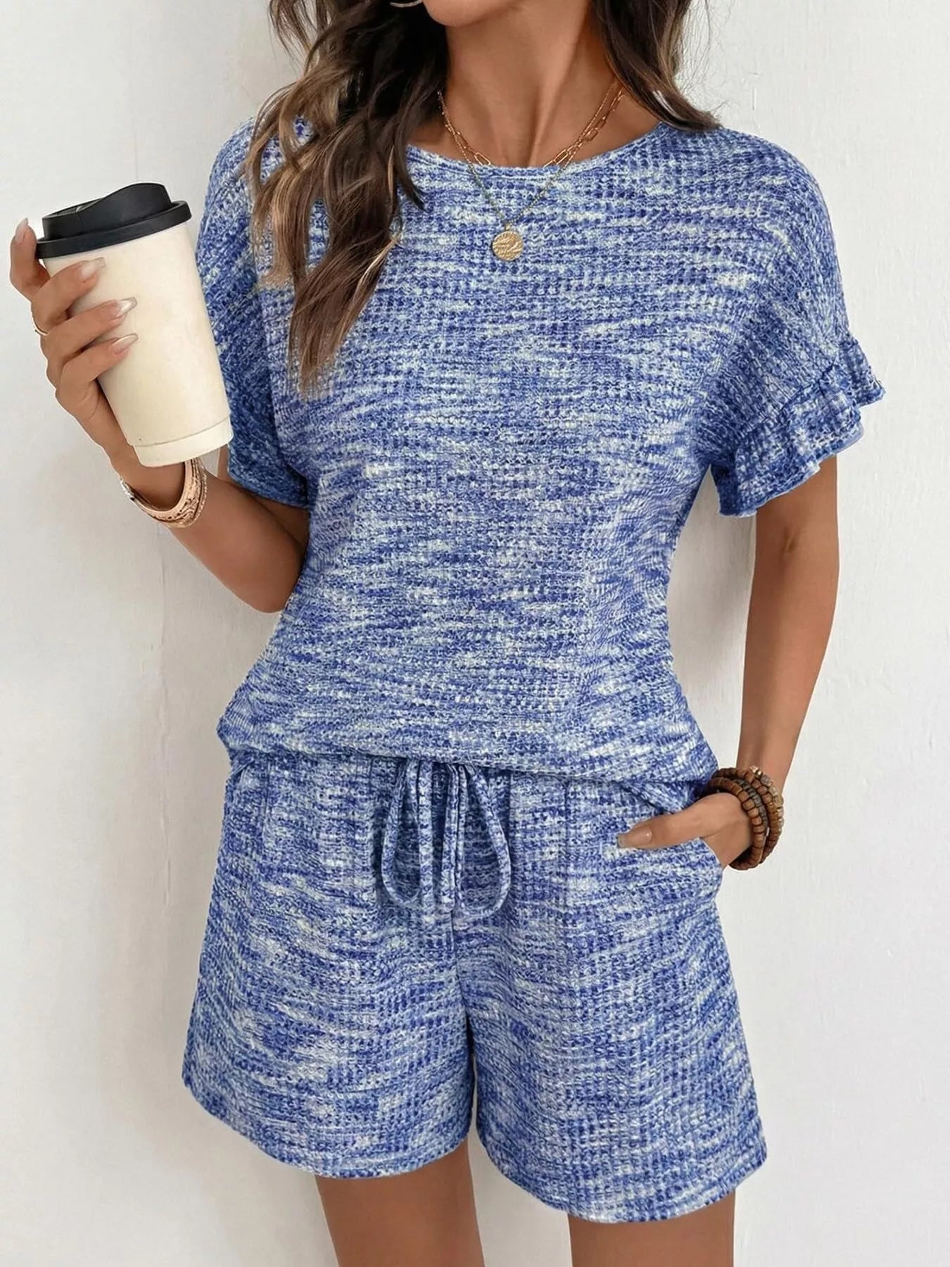 Ruffle Sleeve Textured Top and Shorts Set  Shop One Place