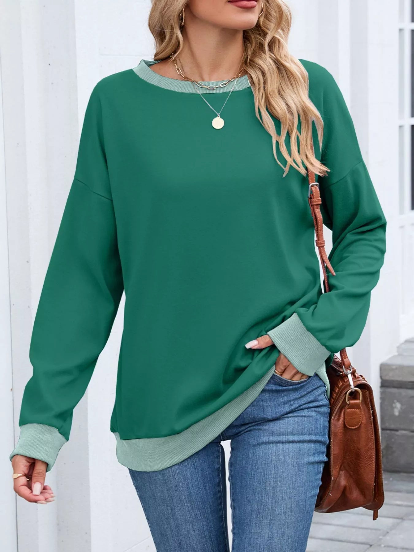 Contrast Trim Long Sleeve Sweatshirt  Shop One Place
