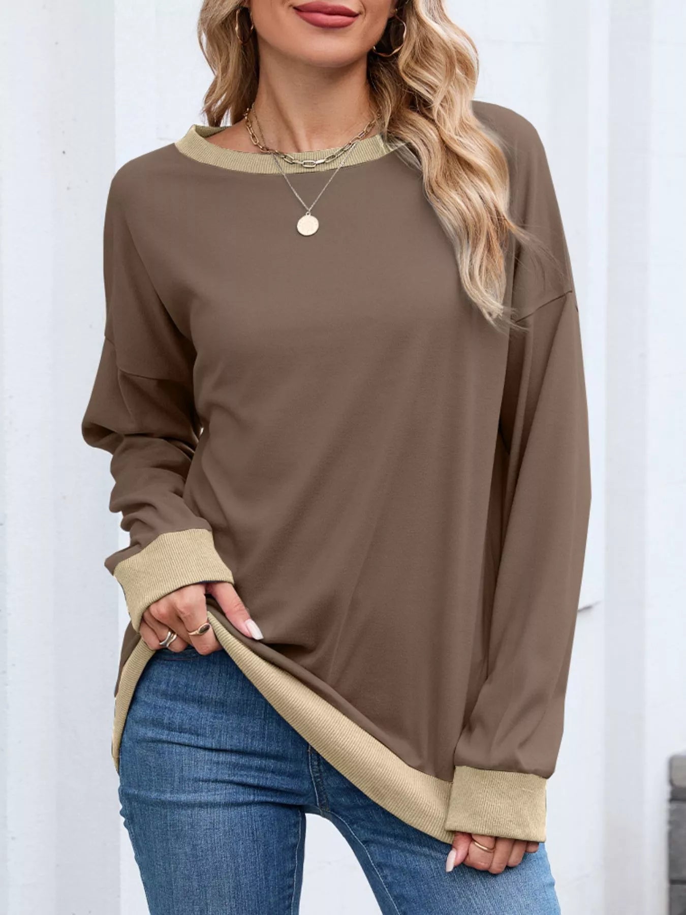 Contrast Trim Long Sleeve Sweatshirt  Shop One Place