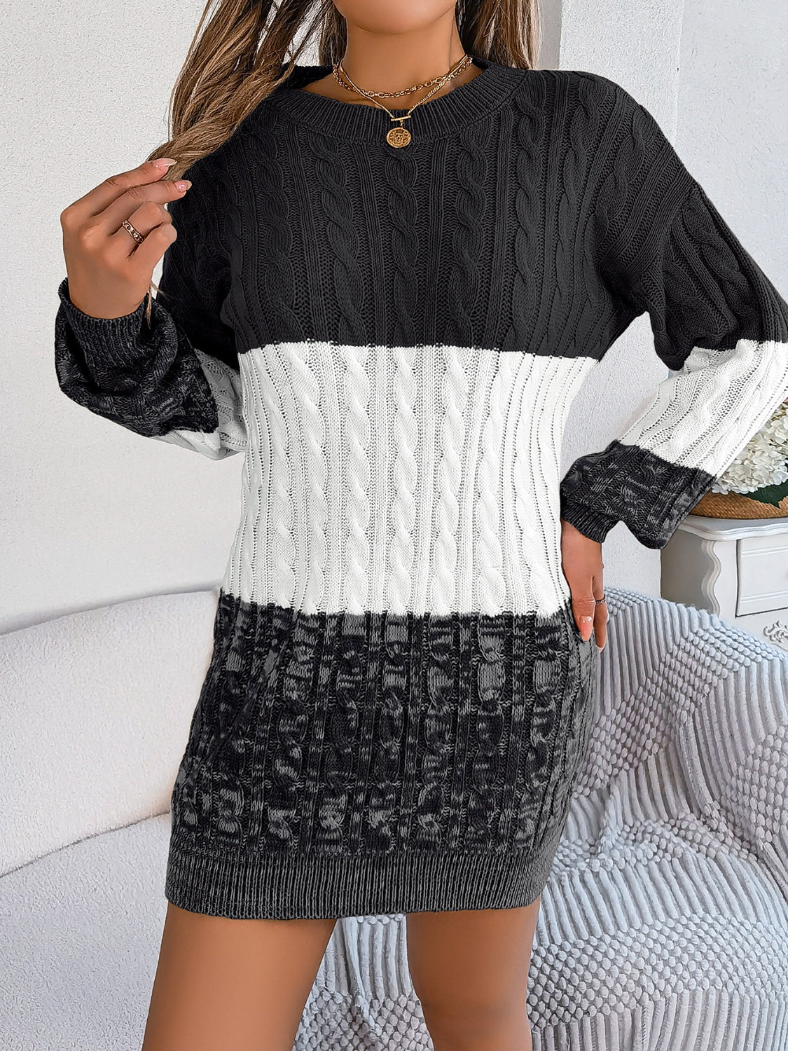 Cable-Knit Round Neck Color Block Sweater Dress  Shop One Place