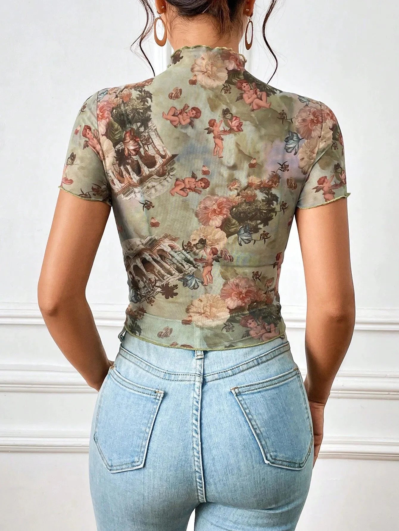 Abstract Print Ruffled Mock Neck Crop T-Shirt  Shop One Place