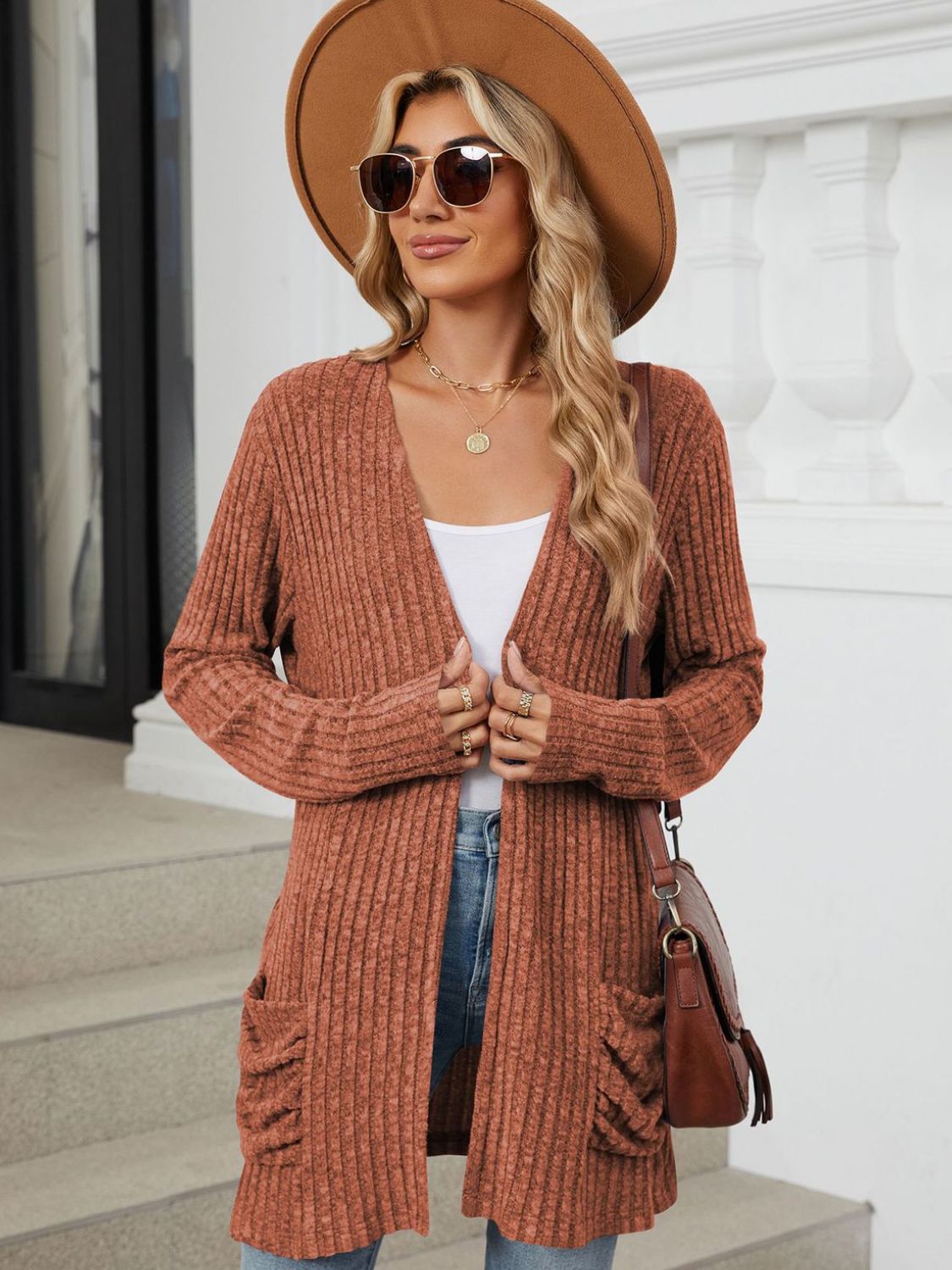 Pocketed Open Front Long Sleeve Cardigan  Shop One Place