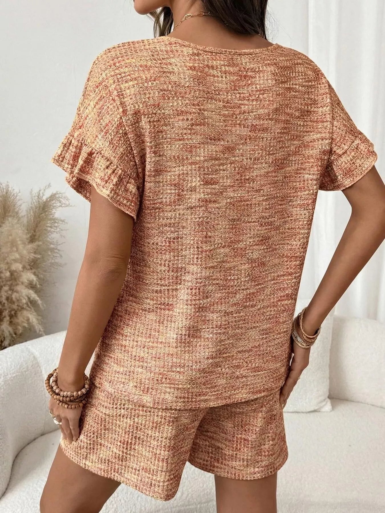 Ruffle Sleeve Textured Top and Shorts Set  Shop One Place