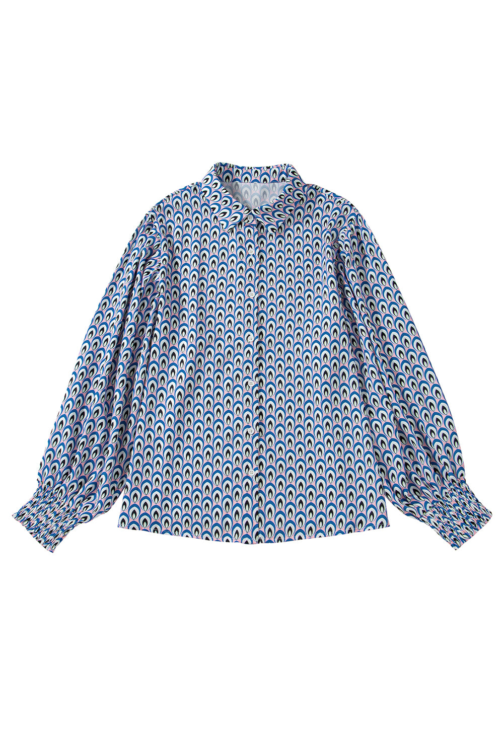 Sky Blue Abstract Print Collared Lantern Sleeve Shirt