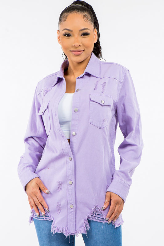 American Bazi Frayed Hem Distressed Lavender Denim Jacket