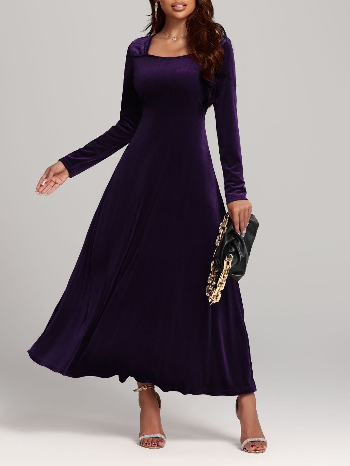Square Neck Long Sleeve Velvet Dress  Shop One Place