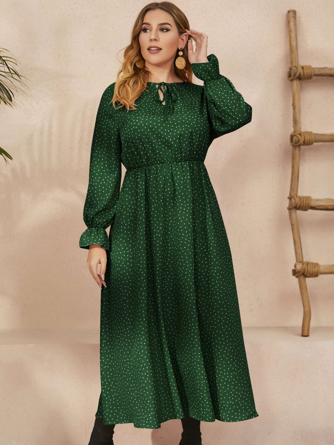 Honey Plus Size Ruffled Polka Dot Long Sleeve Midi Dress  Shop One Place