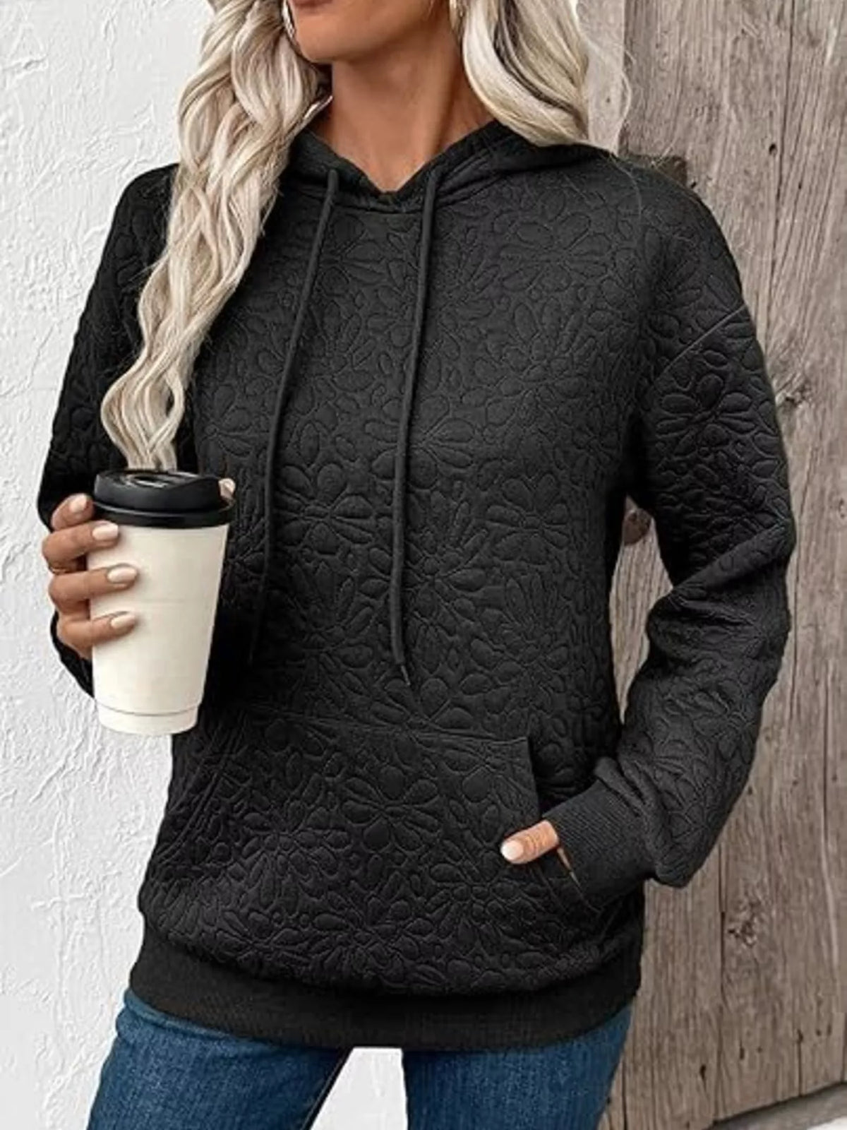 Women's Floral Embossed Drawstring Hoodie