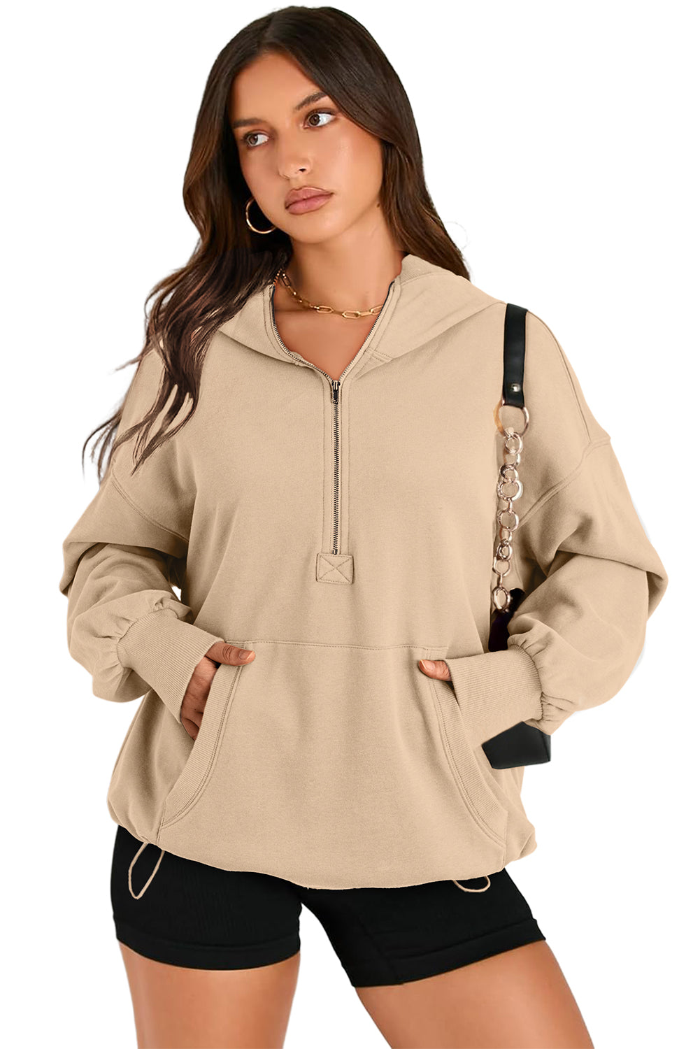 Moss Green Kangaroo Pocket Half Zipper Oversized Hoodie