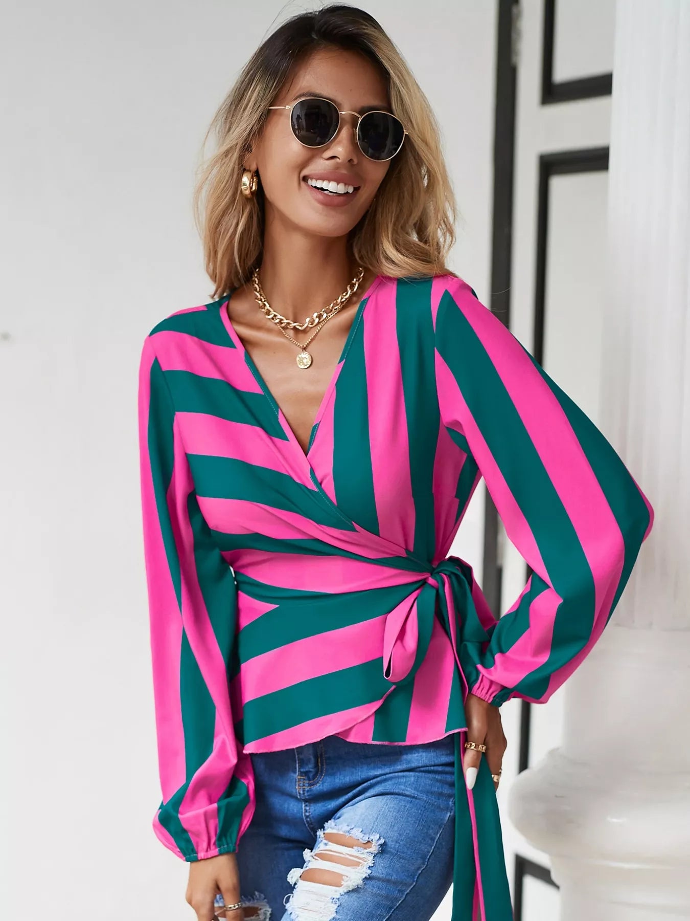 Striped Wrap Blouse with Tie Detail  Shop One Place