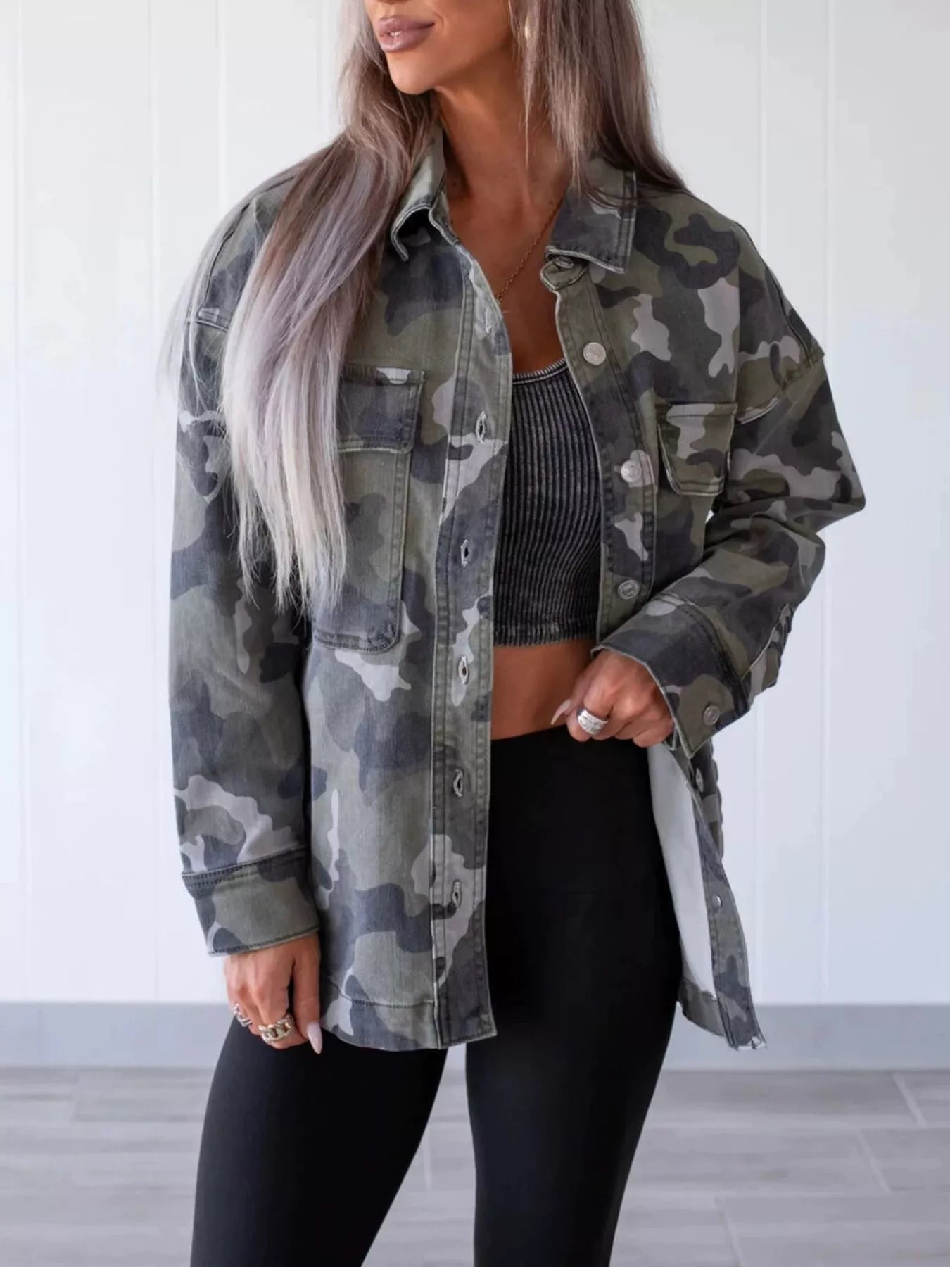 Camouflage Print Button Up Denim Jacket  Shop One Place