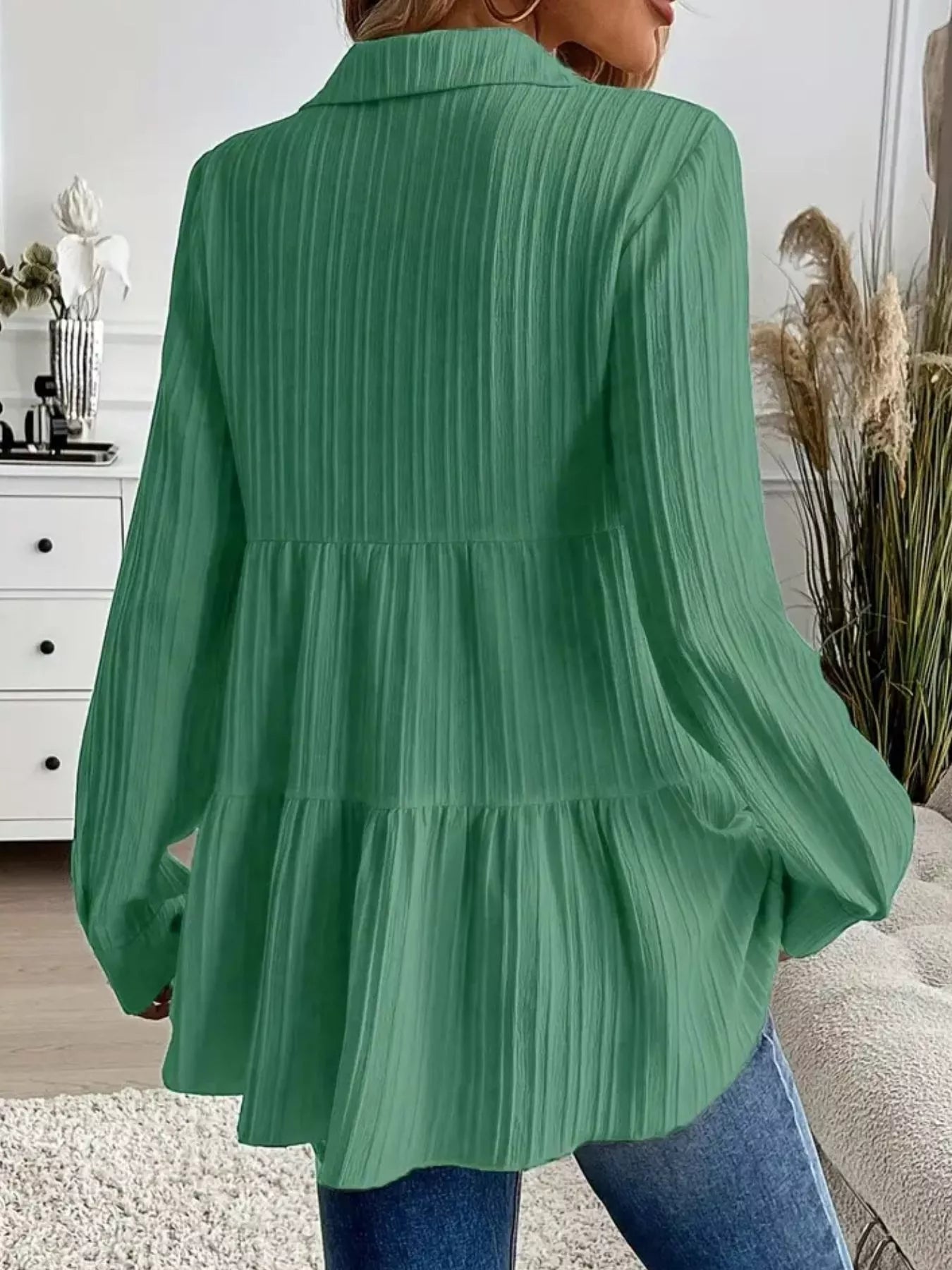 Button-Down Long Sleeve Tiered Shirt  Shop One Place