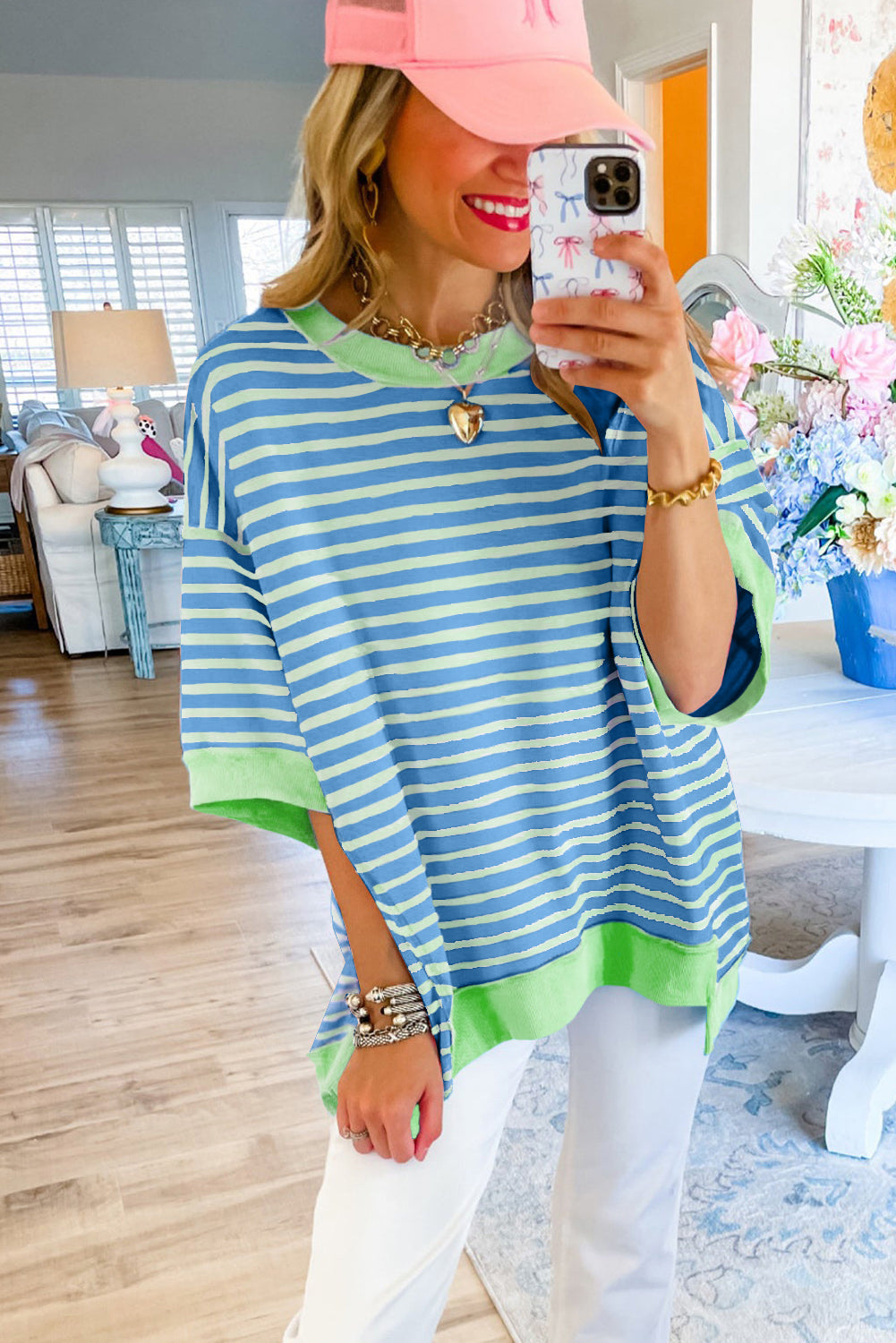 Stripe Colorblock Drop Sleeve Oversized T Shirt