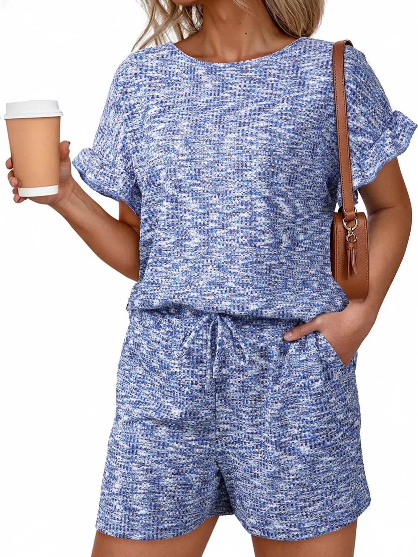 Ruffle Sleeve Textured Top and Shorts Set  Shop One Place