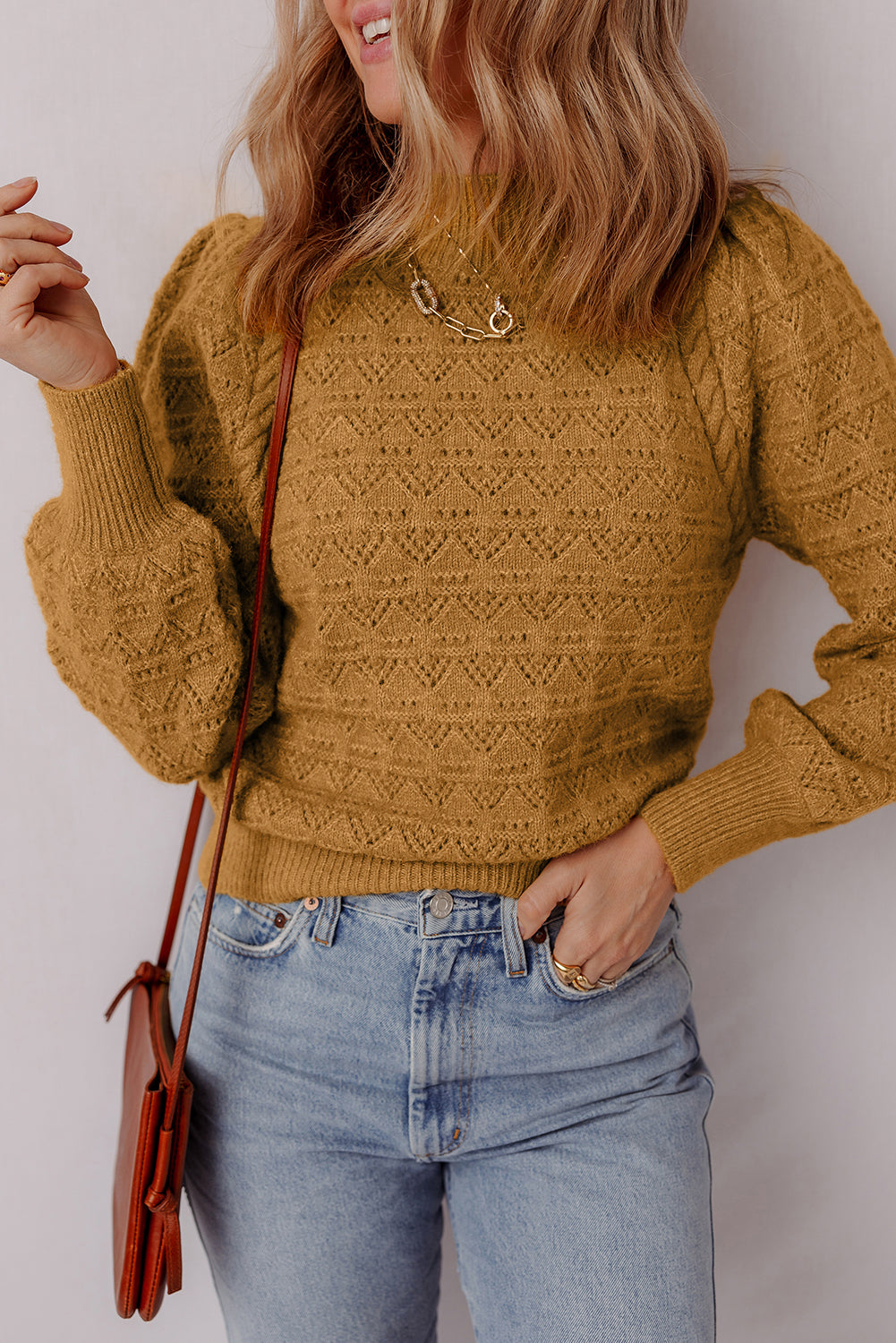 Jurassic Gold Hollow Out Crochet Ribbed Edge Balloon Sleeve Sweater  Shop One Place