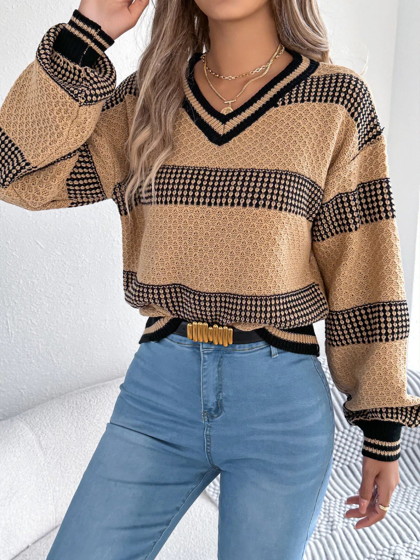 Contrast Striped V-Neck Sweater  Shop One Place