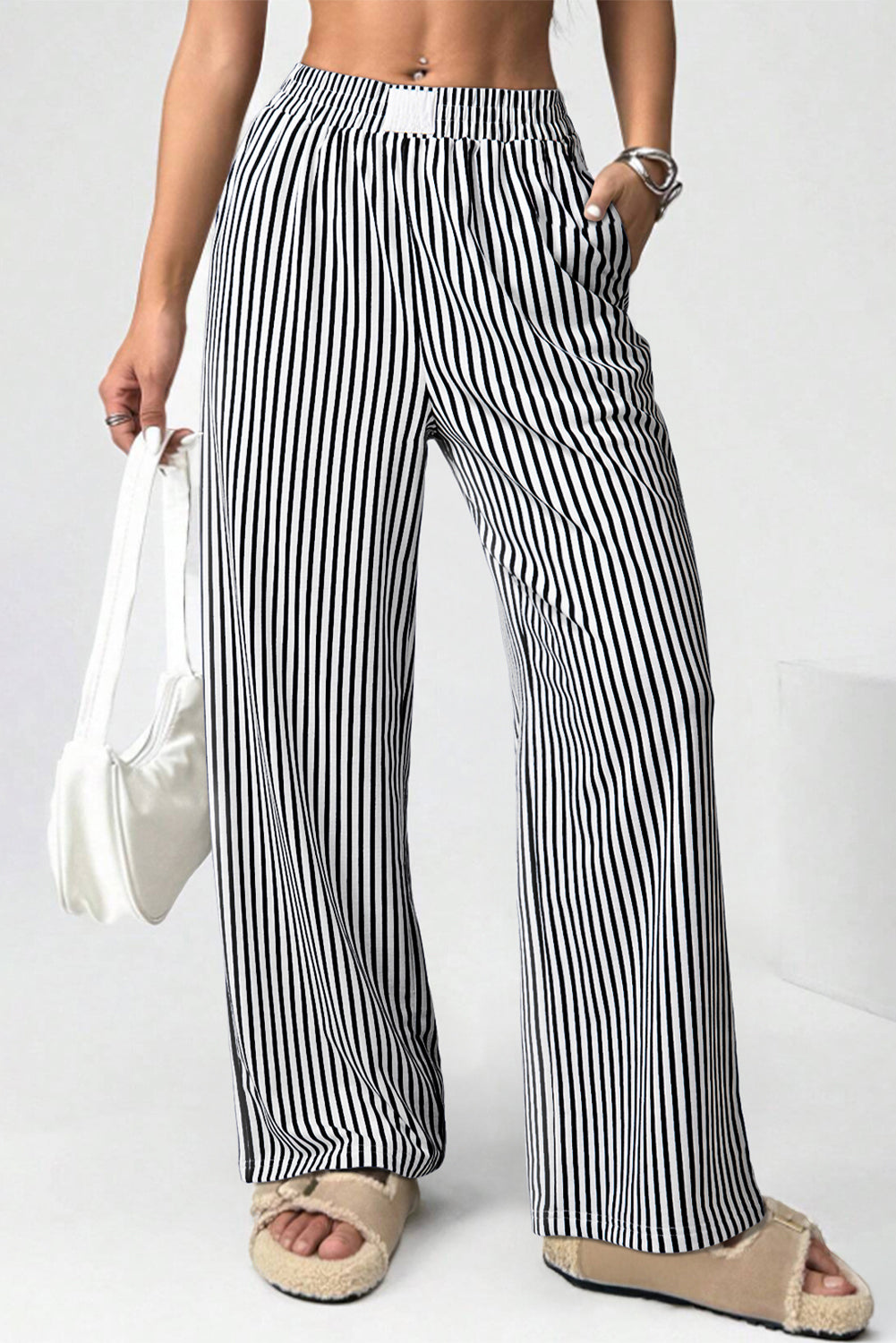 Black Striped Elastic Waistband Pocketed Loose Pants  Shop One Place