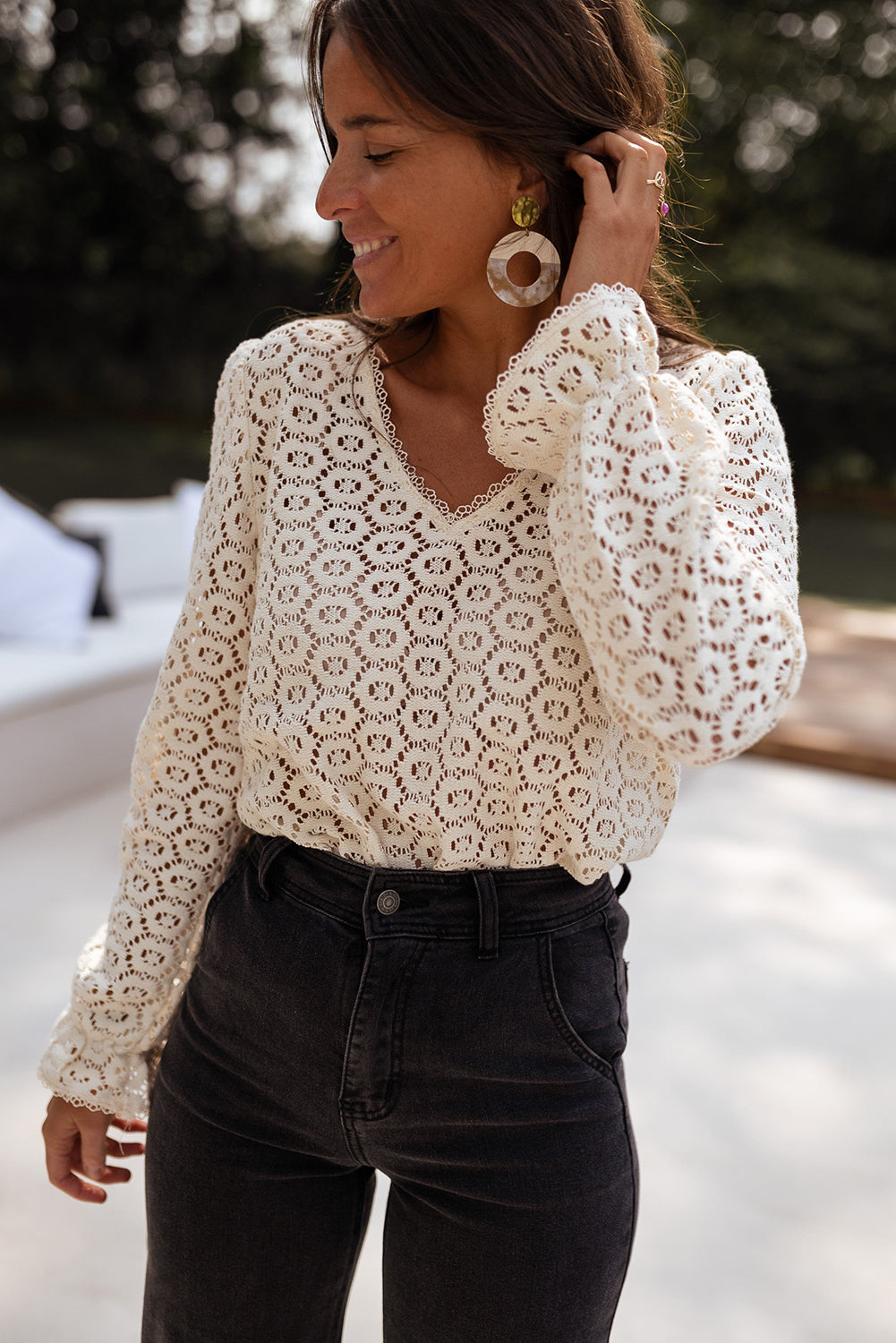 Beige Flower Lace V Neck Puff Sleeve Top  Shop One Place