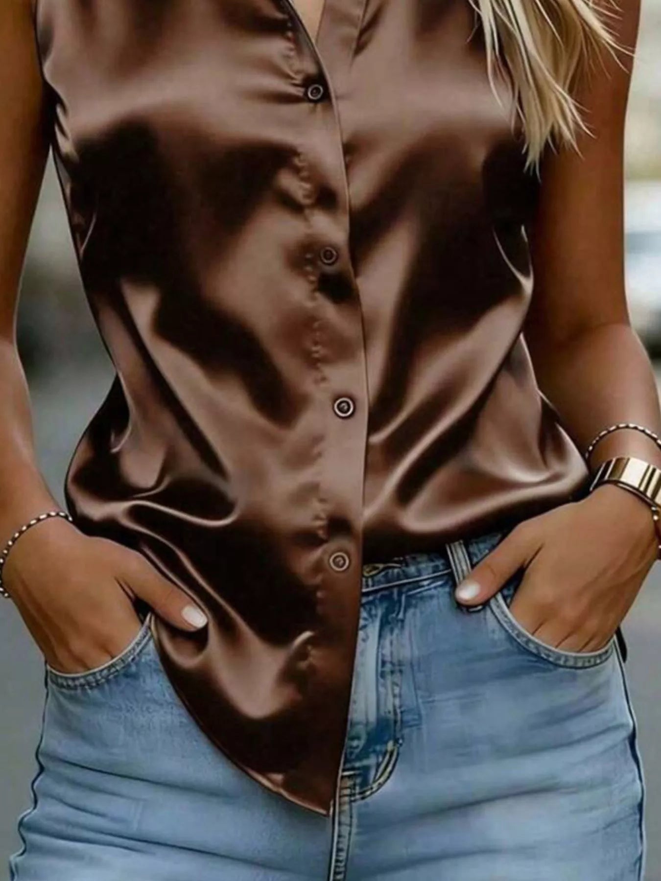 Satin Button Up Sleeveless Shirt  Shop One Place