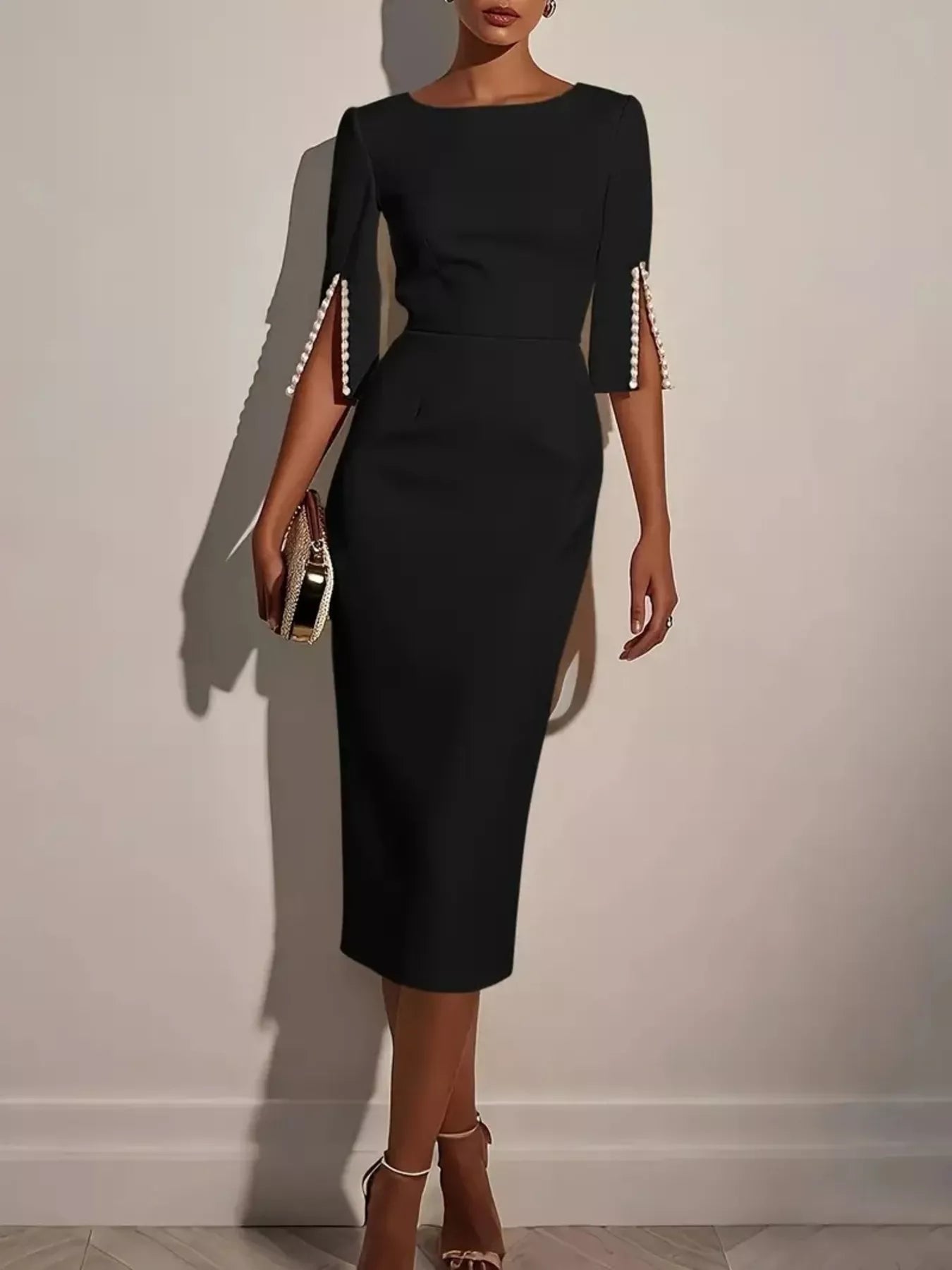 Slim-Fit Elegant Midi Dress with Beaded Slit Sleeve  Shop One Place