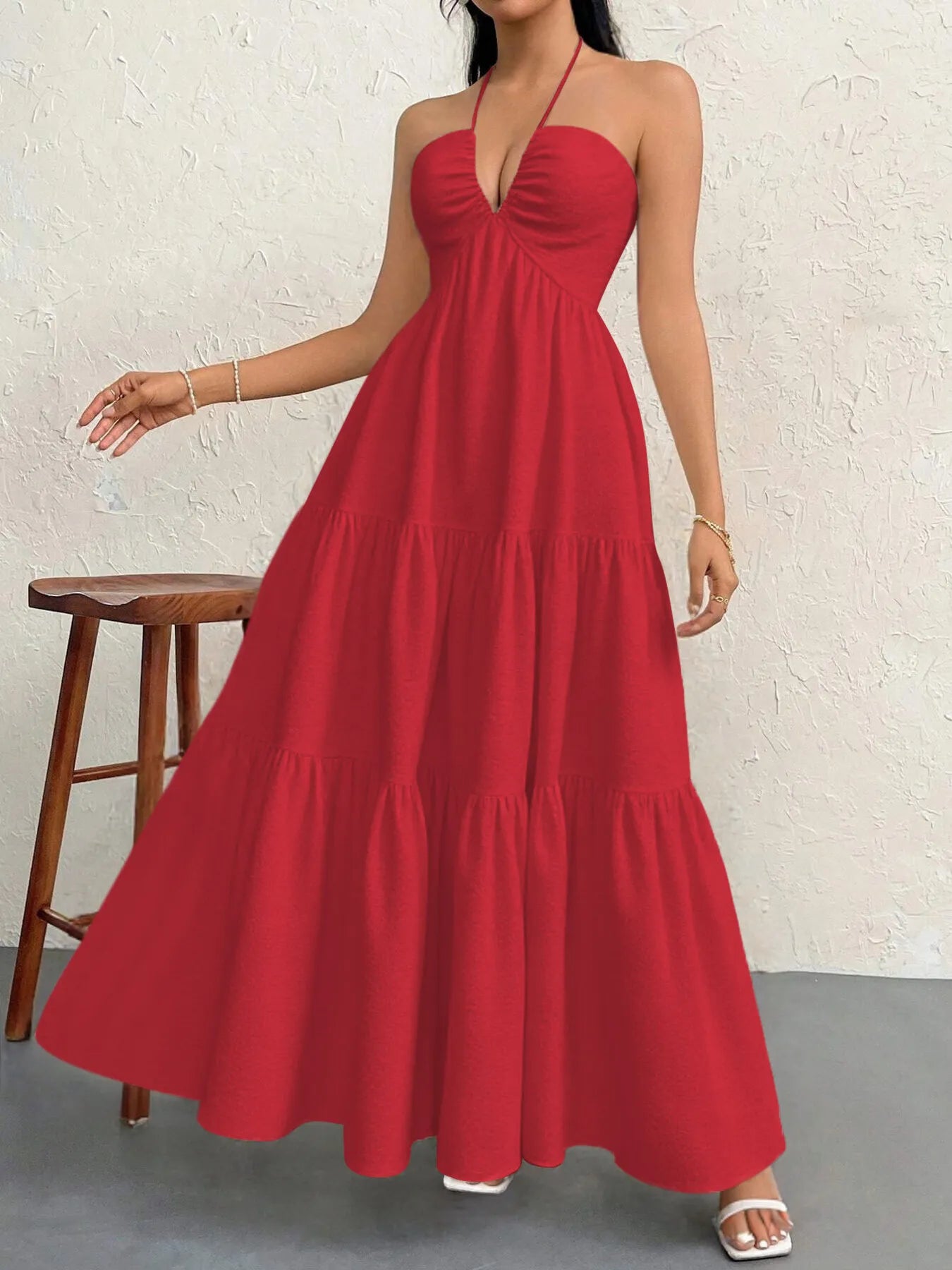 Halter Neck Tiered Maxi Dress  Shop One Place